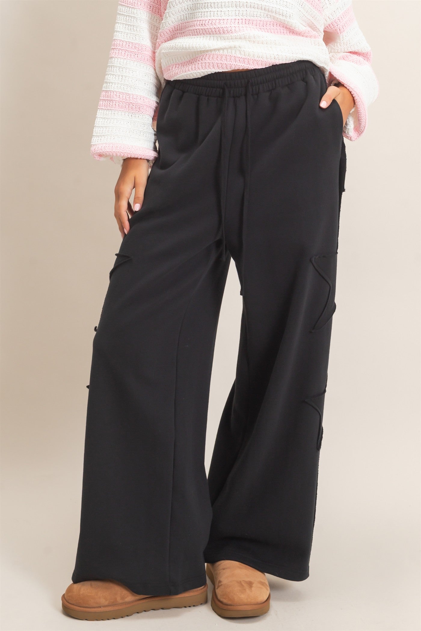 Wholesale French Terry Star Patch Sweatpants Pants DZ27A197 BLACK DOUBLE ZERO
