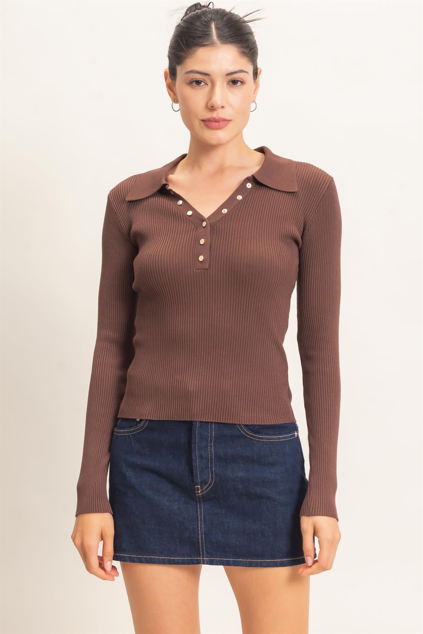 Wholesale Ribbed V-Neck Sweater With Collar Clothing Tops HF26E684 BROWN HYFVE