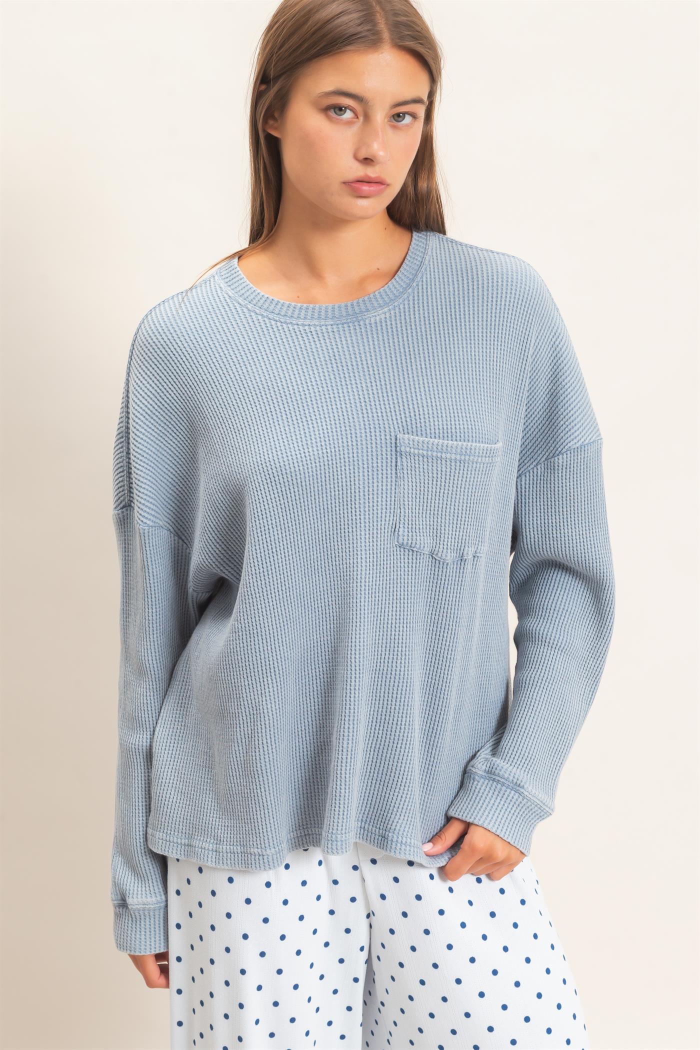 Wholesale Mineral Wash Waffle Long Sleeve Top Clothing Tops DZ26F242 DUSTY BLUE DOUBLE ZERO