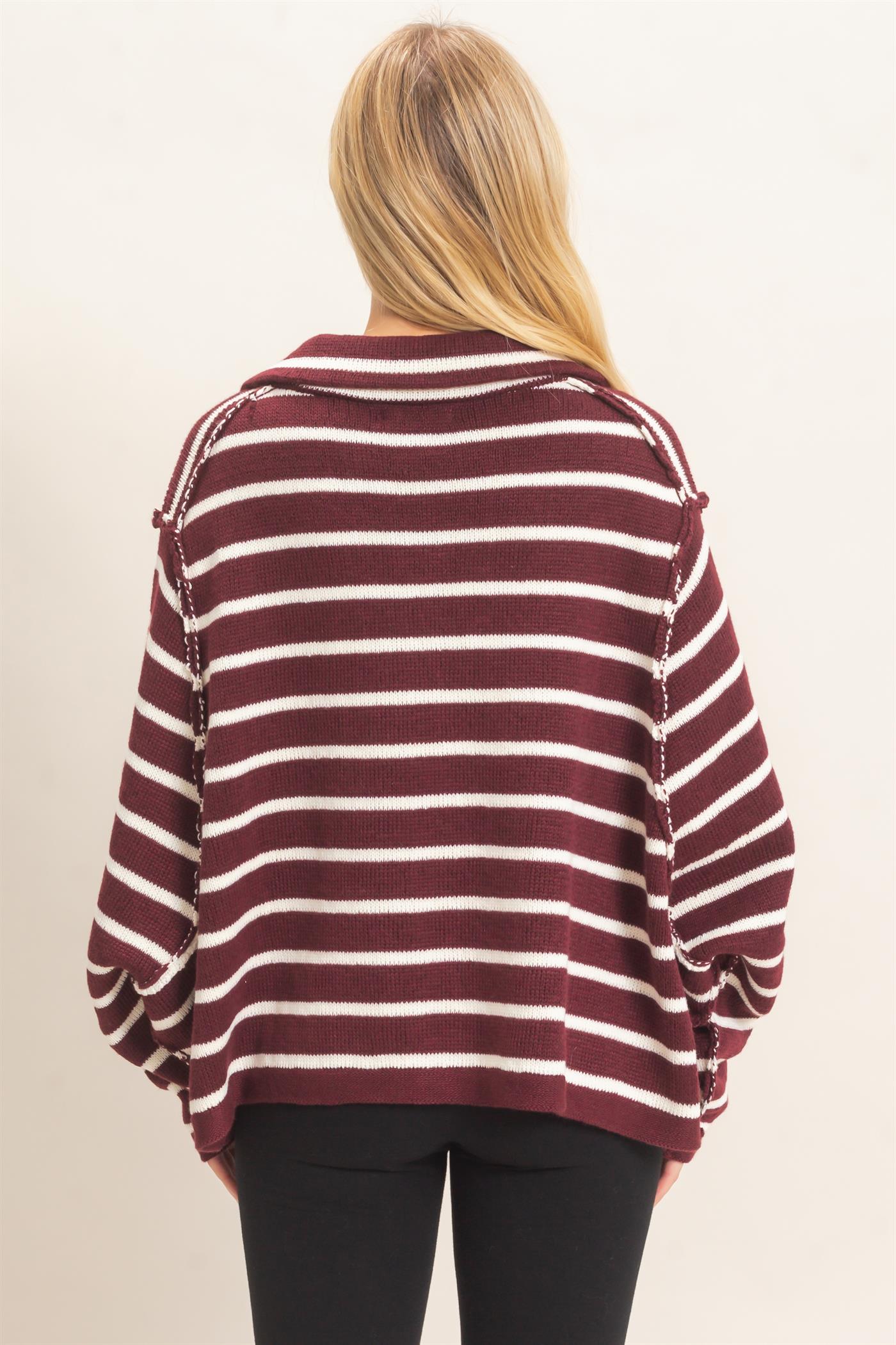 Wholesale Striped Button Front Cardigan Sweaters HF26F197 WINE HYFVE