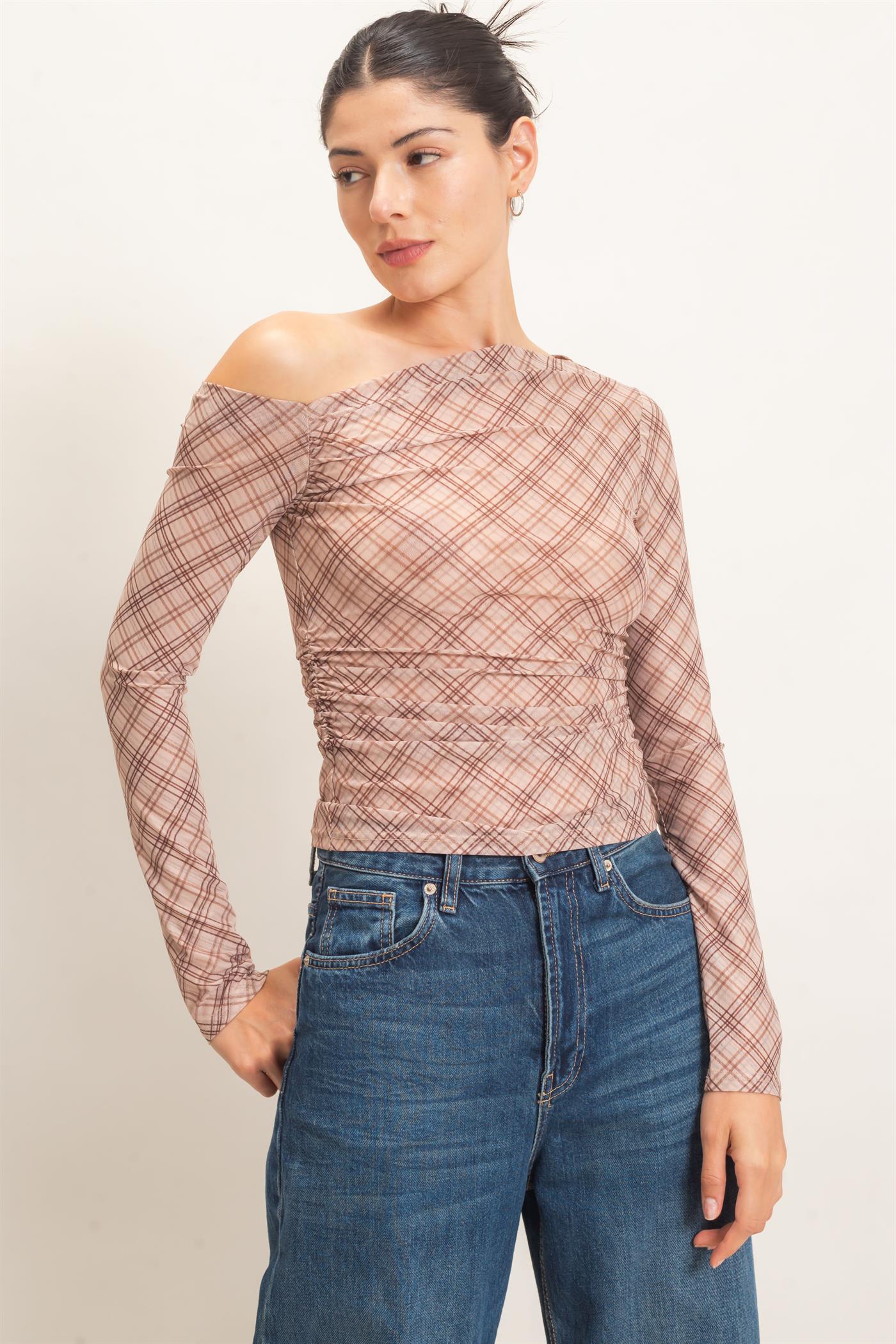 Wholesale Asymmetrical Plaid Off Shoulder Top Dresses HF26E710 BEIGE HYFVE