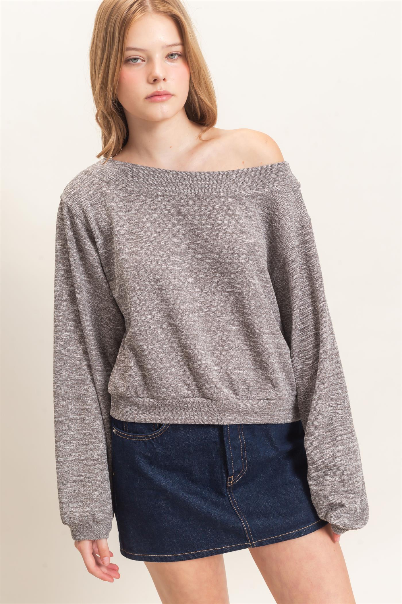 Wholesale Off Shoulder Knit Sweatshirt Blouses HF26F028 CHARCOAL HYFVE