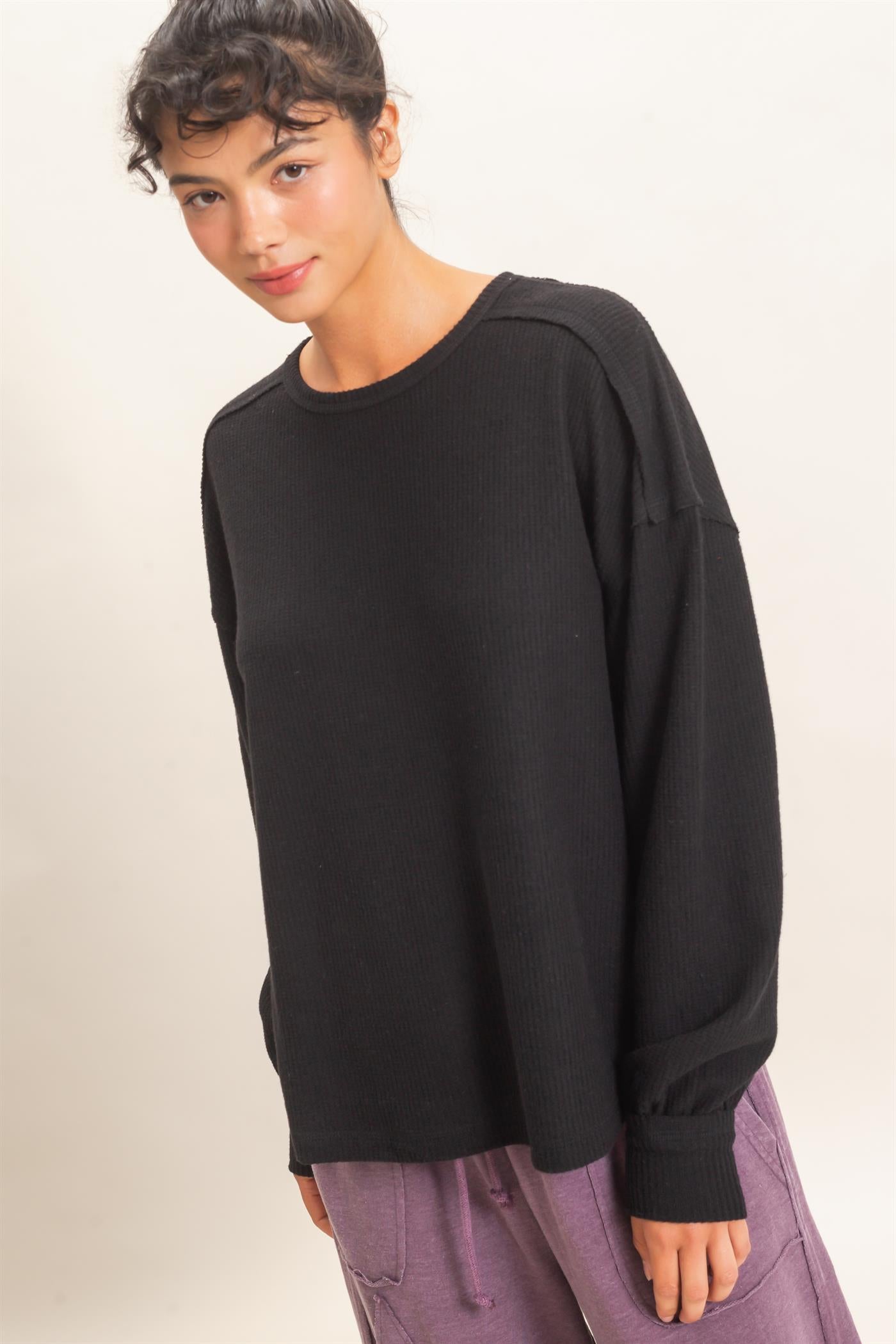 Wholesale Raw Edge Waffle Sweatshirt Sweatshirts DZ26F081 BLACK HYFVE
