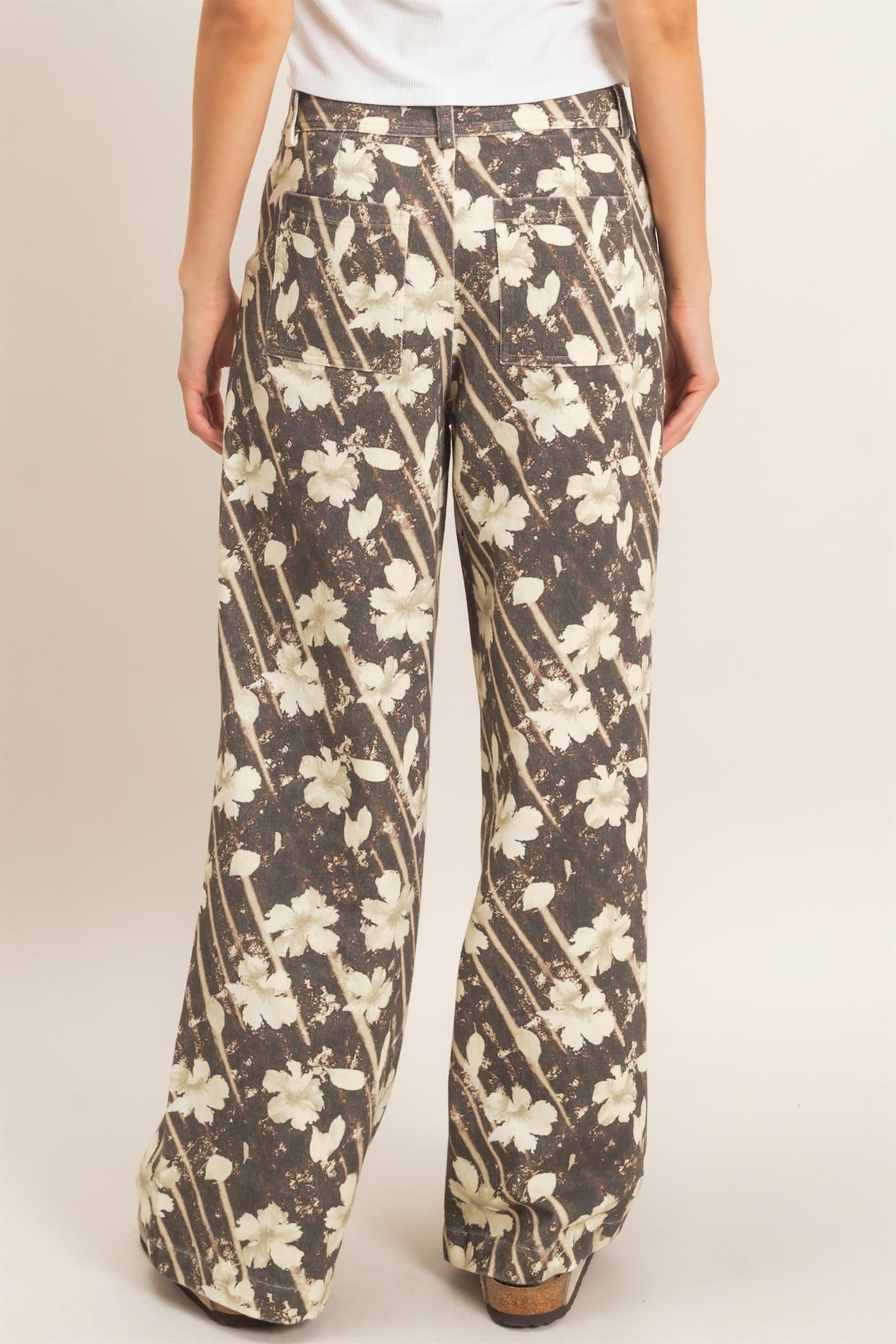 Wholesale Floral Print Wide-Leg Pants Pants HF26E355 BROWN HYFVE