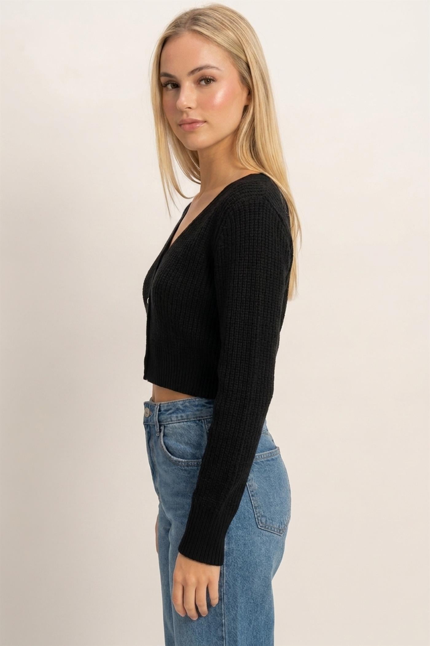 Wholesale V-Neck Ribbed Cardigan Cardigans DZ26E106 BLACK DOUBLE ZERO