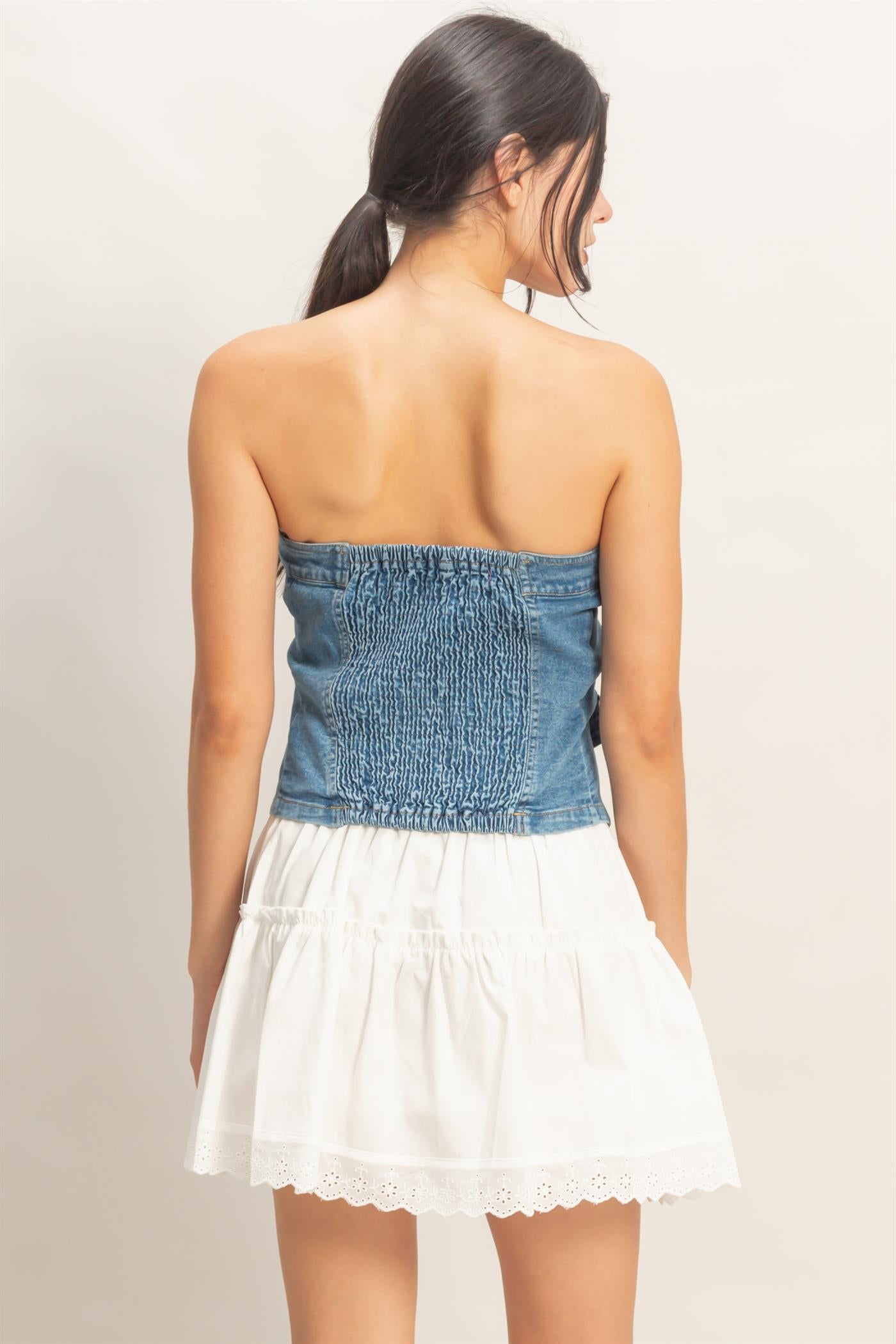 Wholesale Strapless Button-Up Denim Top Clothing Tops HF26A410 L.DENIM HYFVE