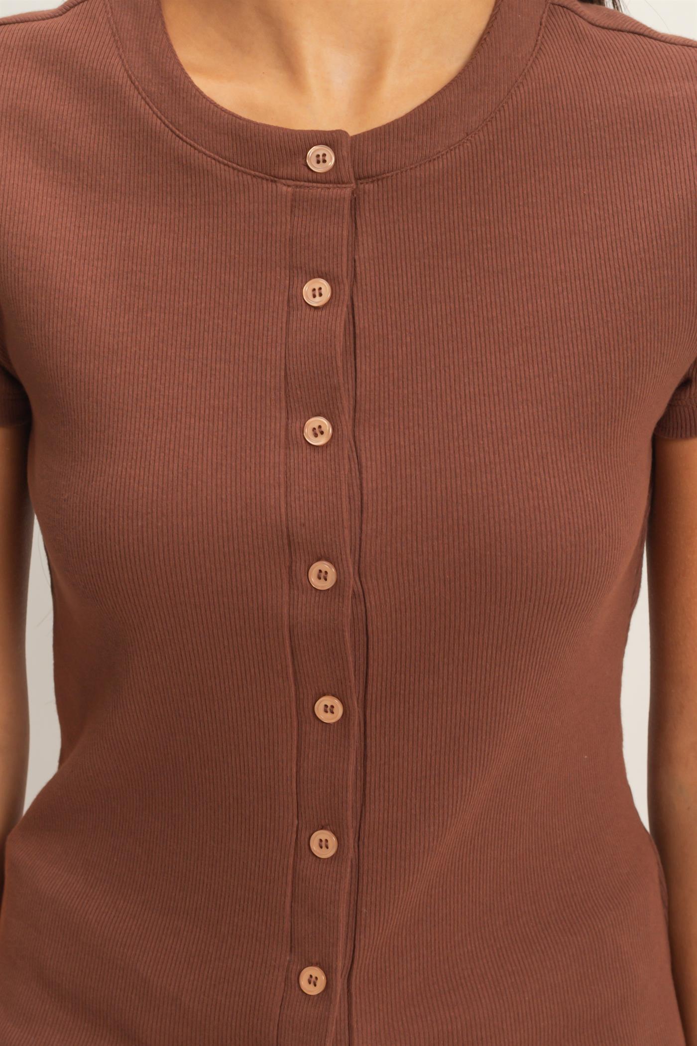 Wholesale Ribbed Button-Front Crew Neck Top Clothing Tops DZ26A727 CHOCOLATE DOUBLE ZERO