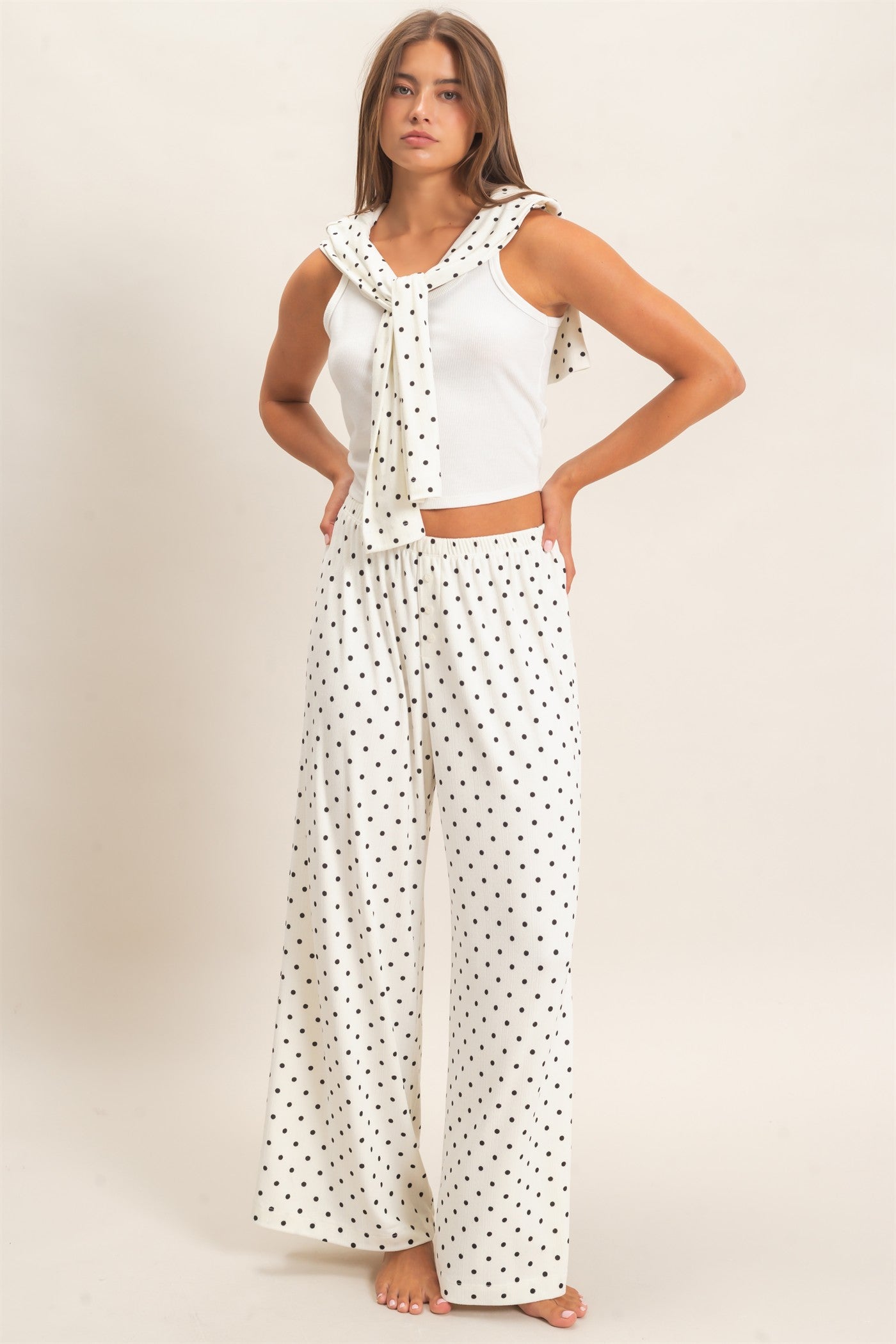 Wholesale Polka Dot Wide Leg Pants Pants DZ27A168 CREAM DOUBLE ZERO
