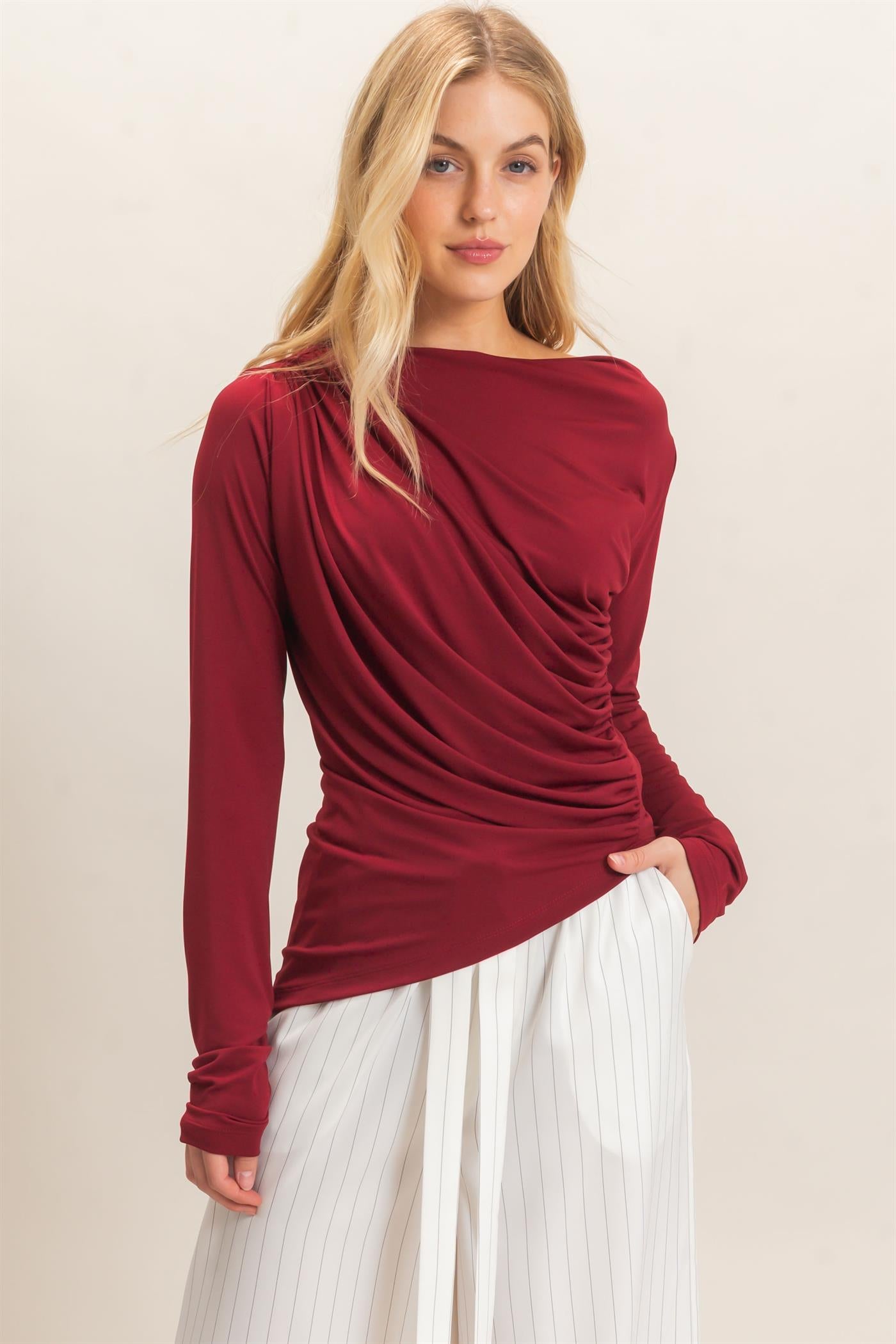 Wholesale Asymmetrical Ruched Long Sleeve Top Clothing Tops HF26C683 DARK RED HYFVE