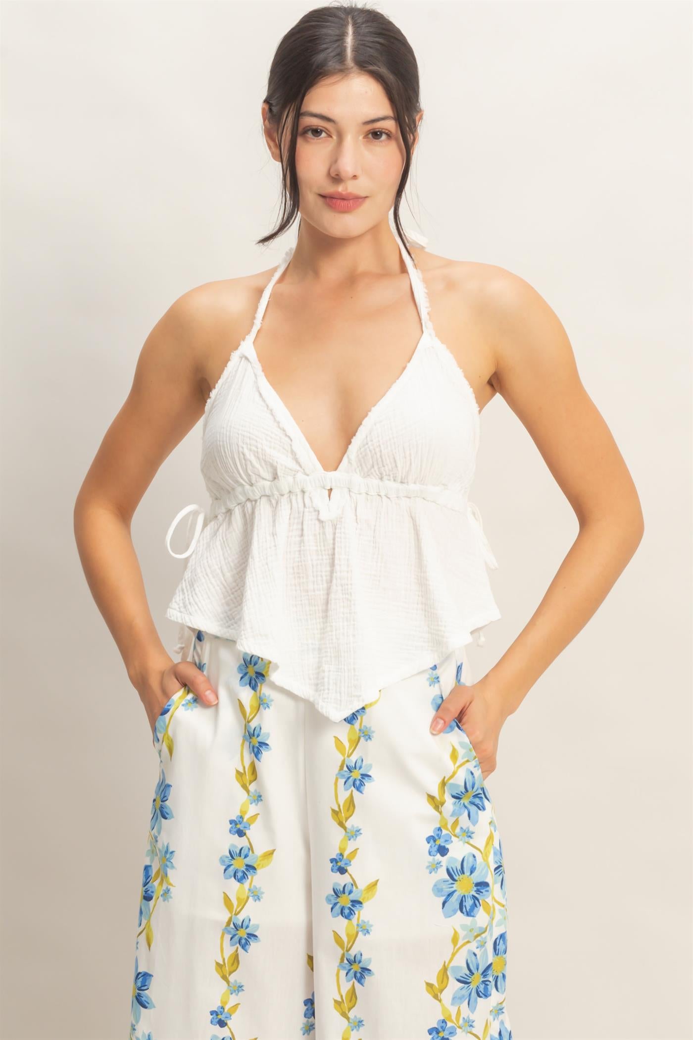 Wholesale Textured Halter Tie Waist Top Clothing Tops HF26C027 OFF WHITE HYFVE