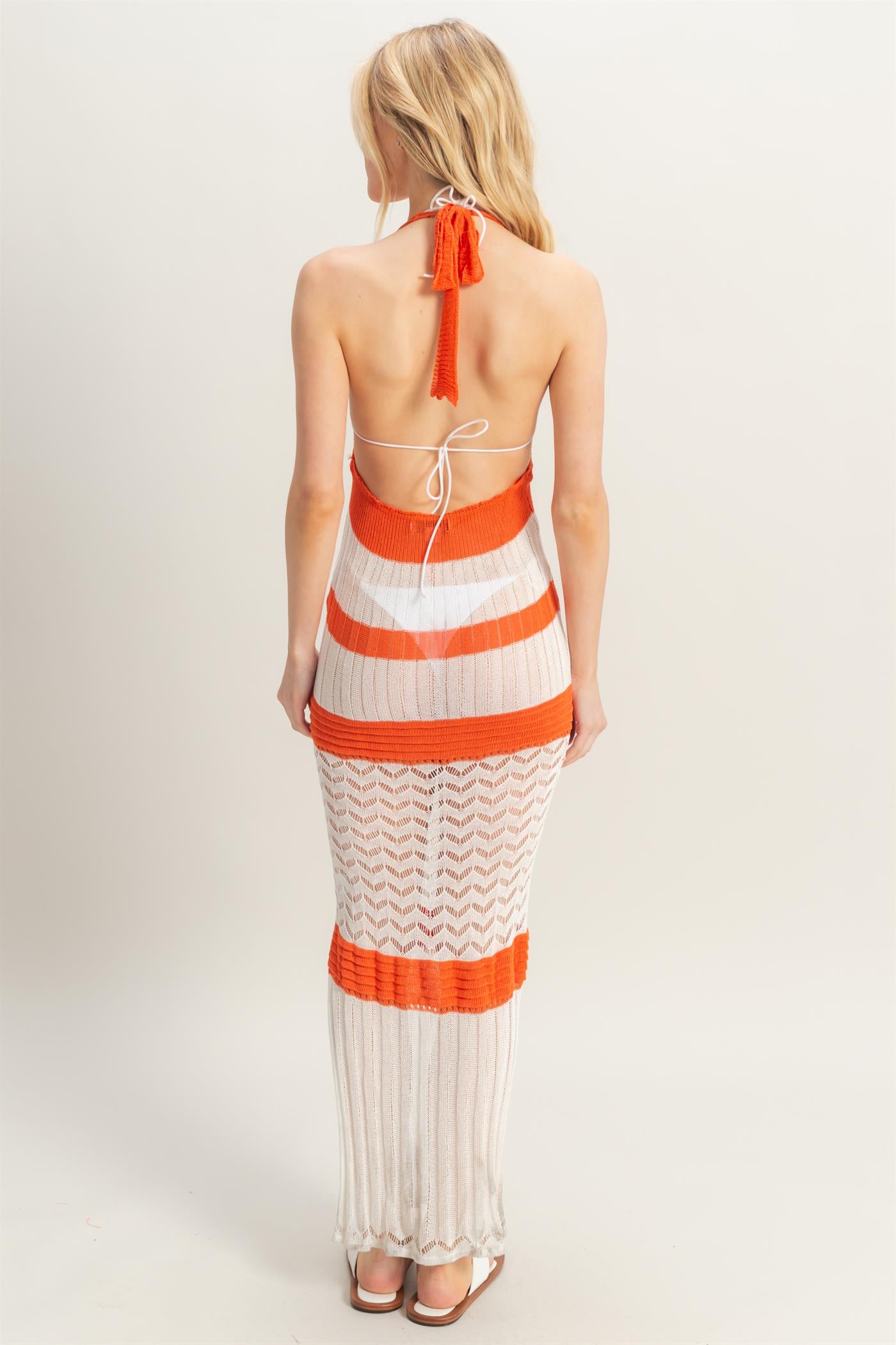 Wholesale Crochet Striped Halter Coverup Maxi Dress Dresses HF25A820 ORANGE HYFVE