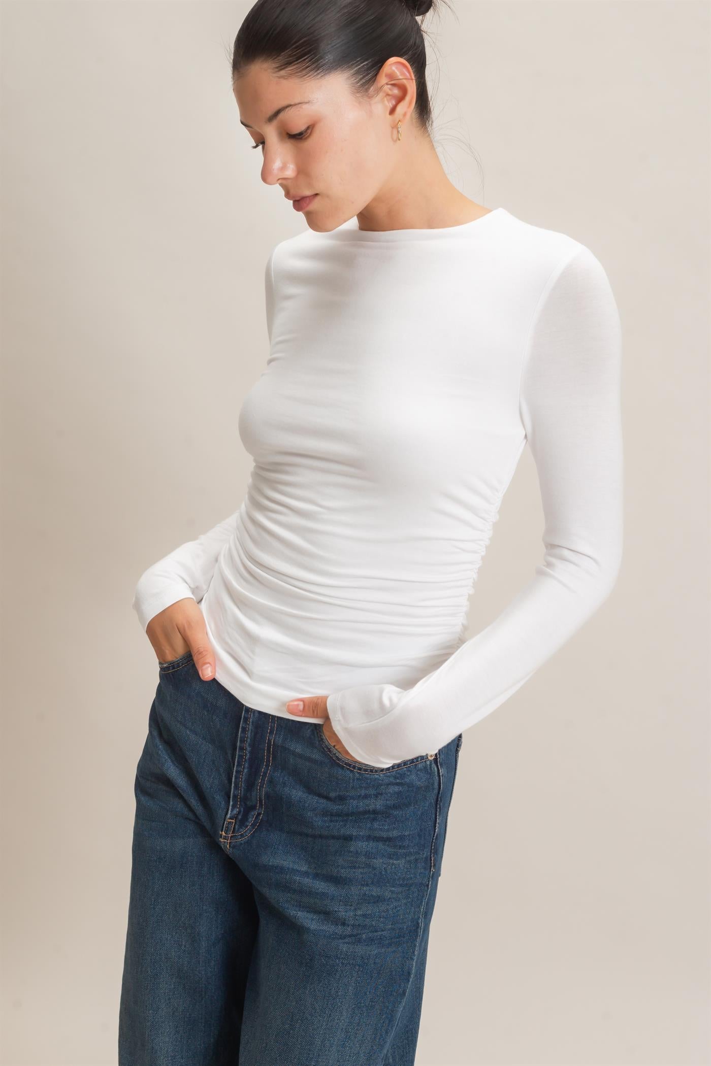 Wholesale Ruched Long Sleeve Top Clothing Tops HF26E776 OFF WHITE HYFVE