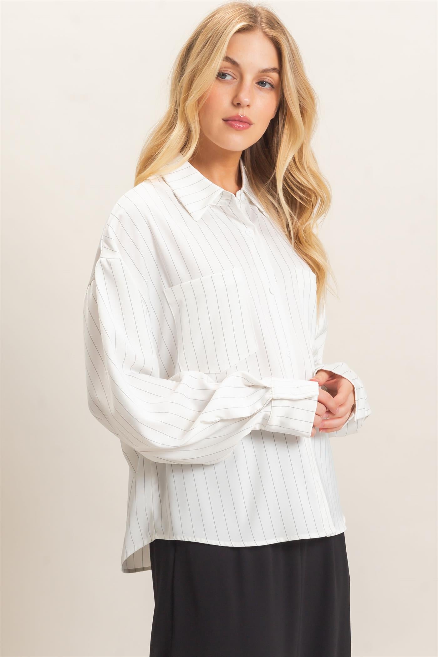 Wholesale Striped Button-Up Blouse Blouses HF26C953 WHITE HYFVE