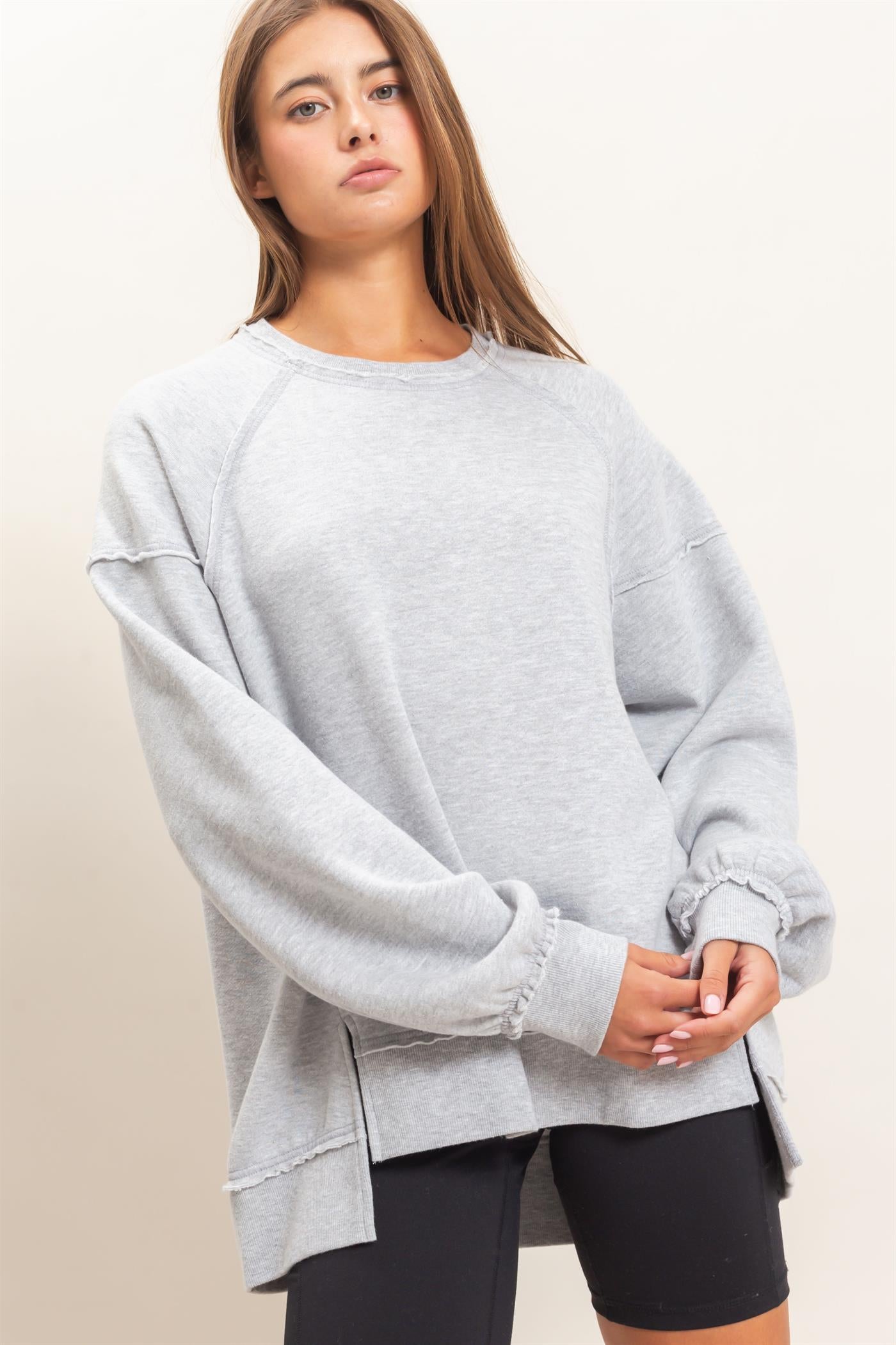 Wholesale Acid Wash Raw Edge Sweatshirt Sweatshirts DZ26C910 HEATHER GRAY DOUBLE ZERO