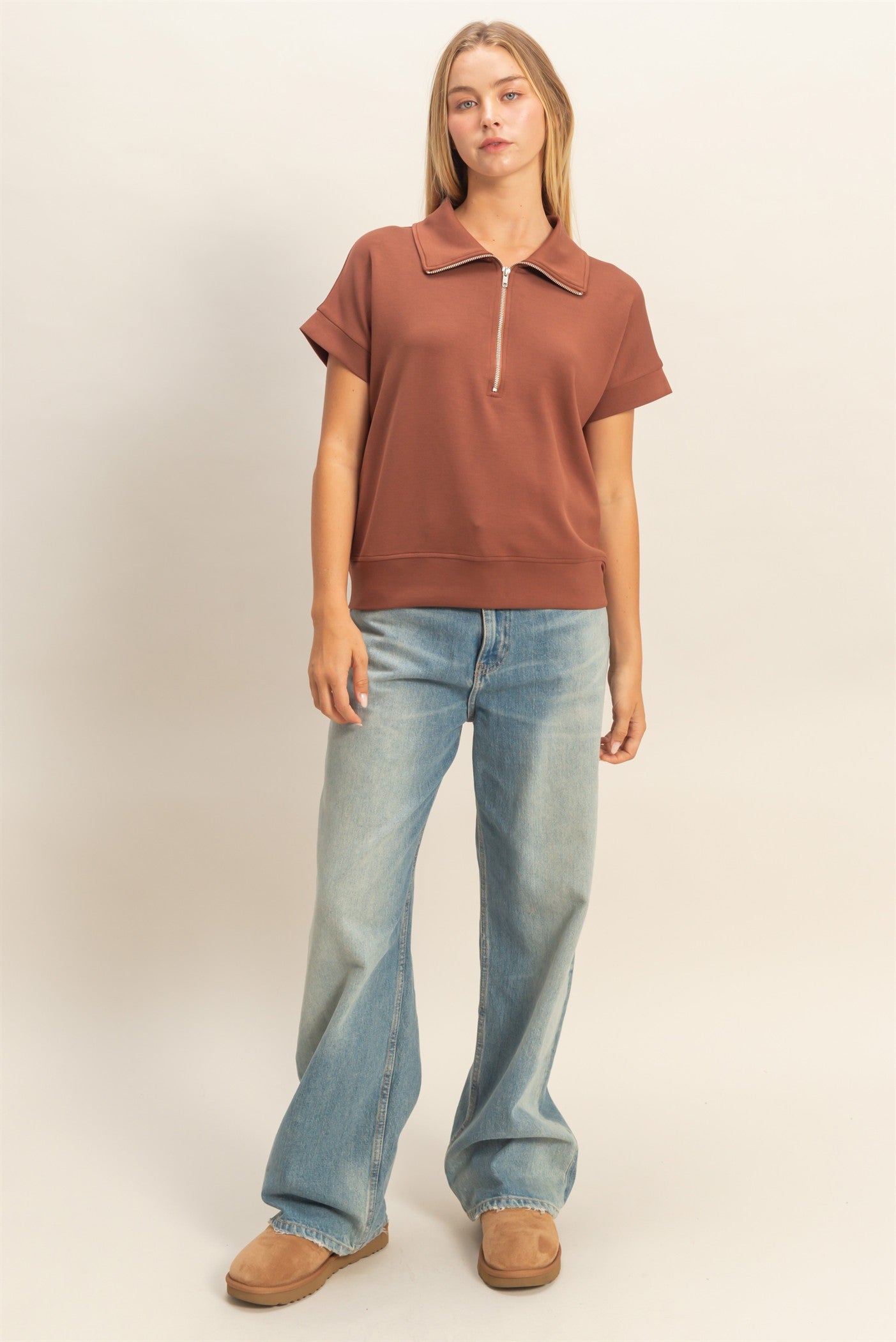 Wholesale Short Sleeve High Neck Half-Zip Top Clothing Tops DZ26C735 CHESTNUT DOUBLE ZERO