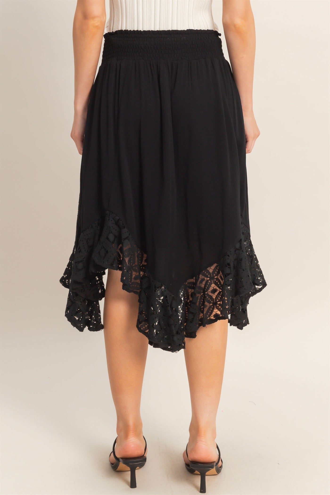 Wholesale Smocked Waist Lace Hem Skirt Skirts HF26A384 BLACK HYFVE