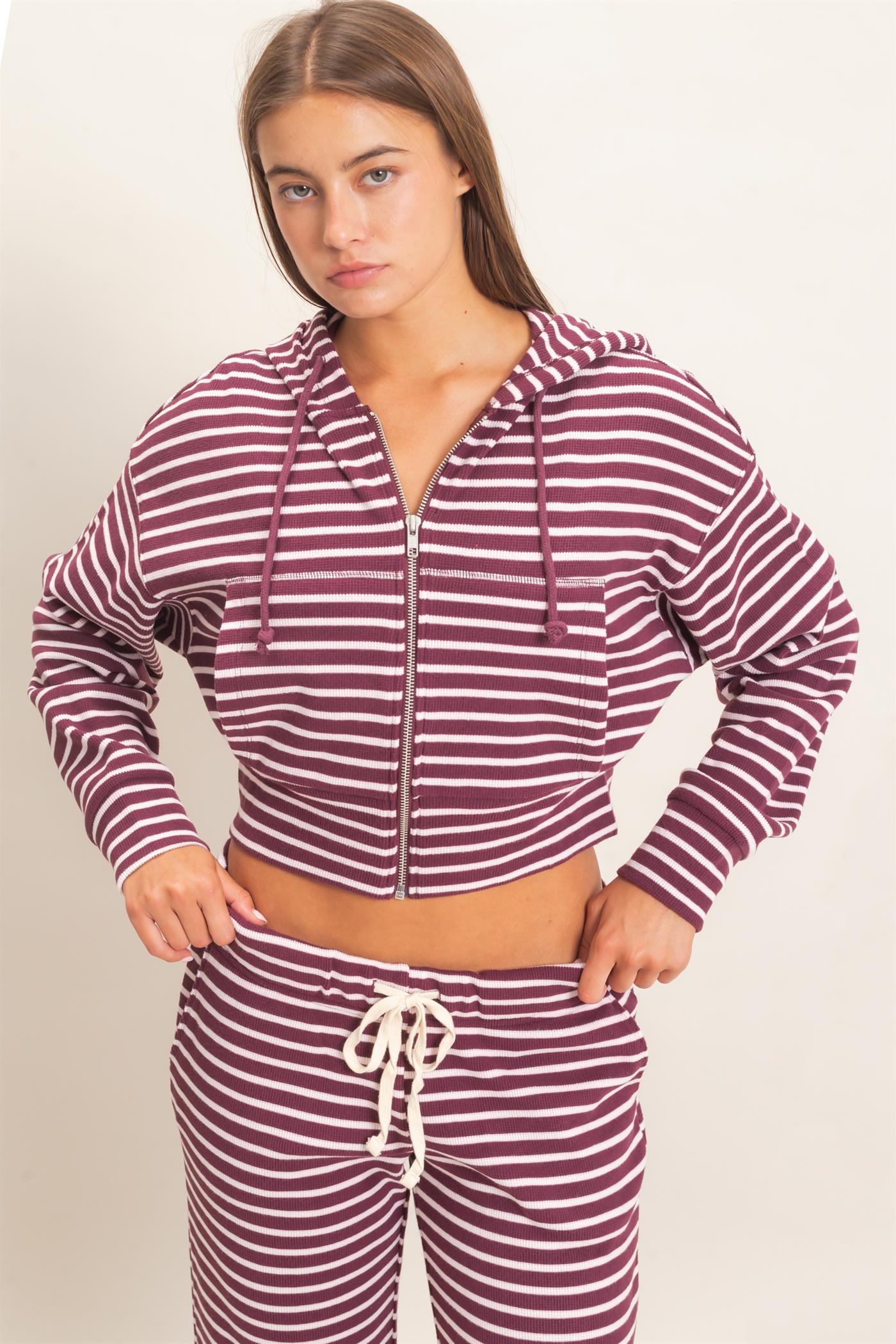 Wholesale Striped Zip-Up Hoodie Hoodies DZ26E433 DARK CHERRY DOUBLE ZERO