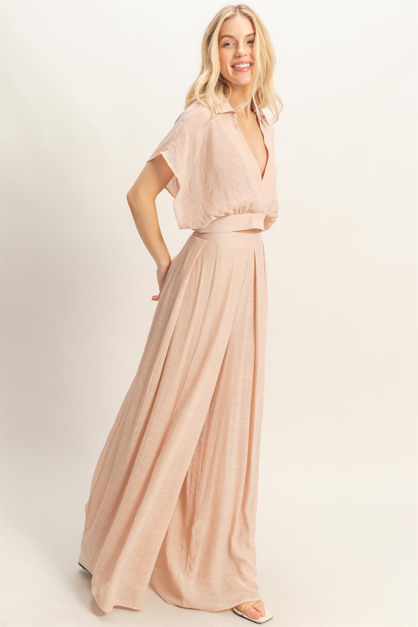 Wholesale Collared Wrap Top & Wide-Leg Pants Set Clothing HF26C286-SET-D ALMOND HYFVE