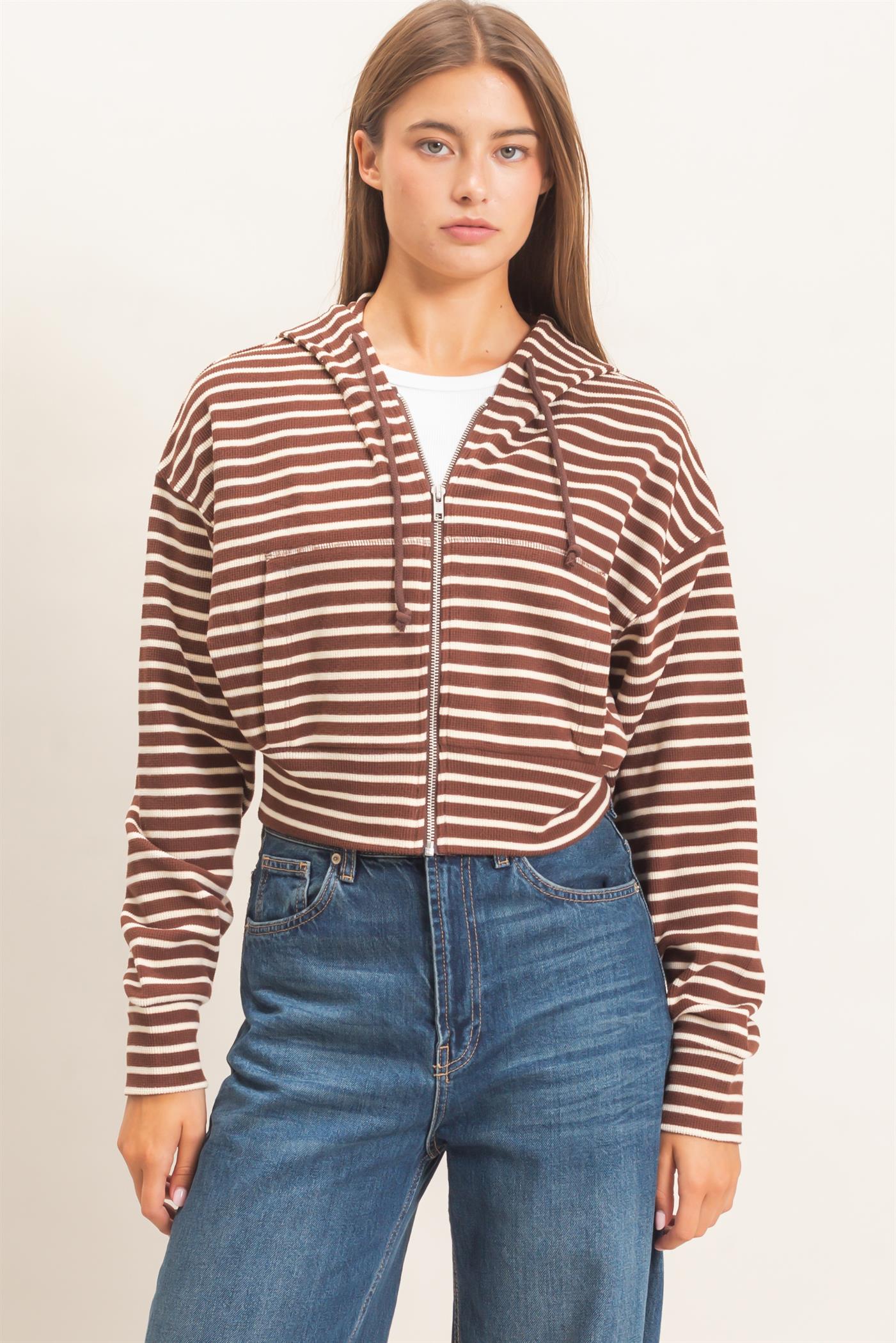 Wholesale Striped Zip-Up Hoodie Hoodies DZ26E433 DARK BROWN DOUBLE ZERO