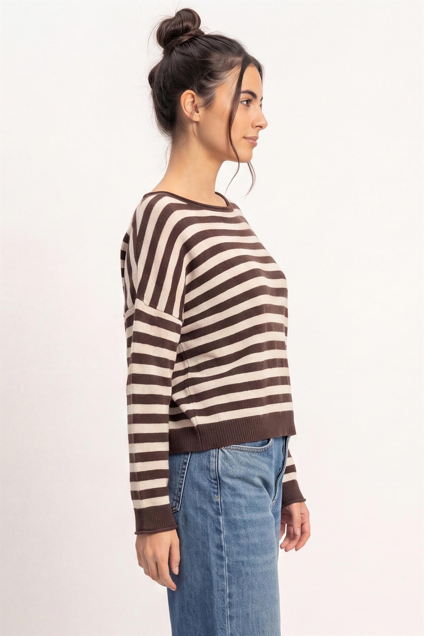 Wholesale Off The Shoulder Striped Sweater Sweaters DZ26E653 DARK BROWN DOUBLE ZERO