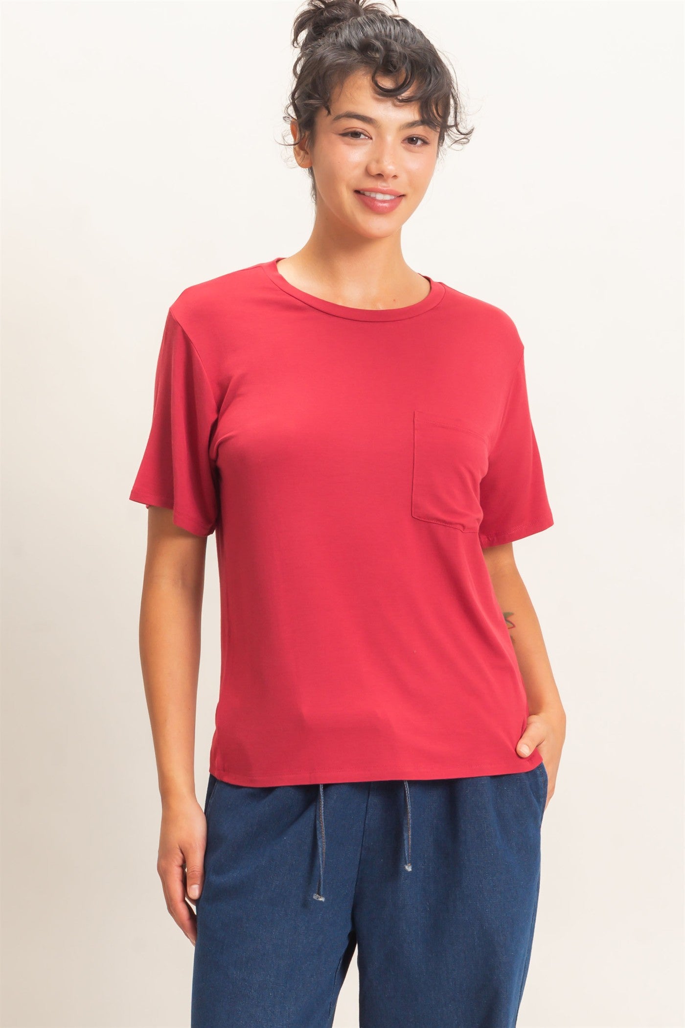 Wholesale Crew Neck Pocket Tee Clothing Tops DZ26E254 DARK RED DOUBLE ZERO