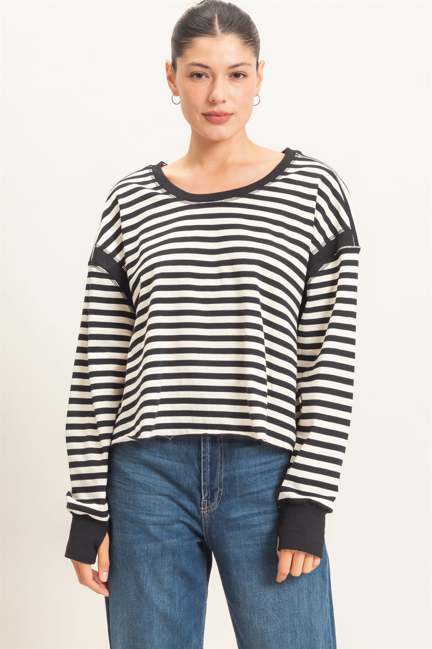 Wholesale Striped Long Sleeve Top Clothing Tops HF26C908-D BLACK HYFVE