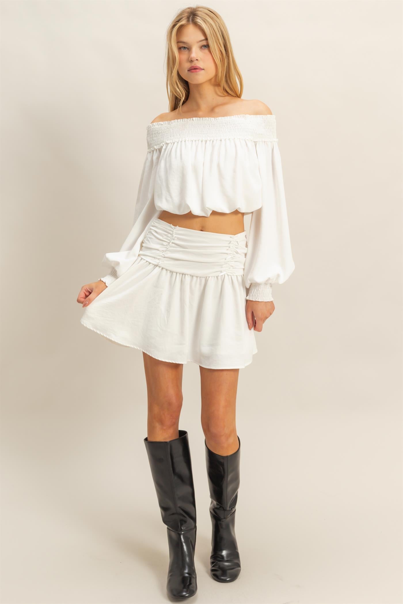 Wholesale Romantic Off Shoulder Top And Gathered Skirt Set Clothing HF25A243-SET OFF WHITE HYFVE