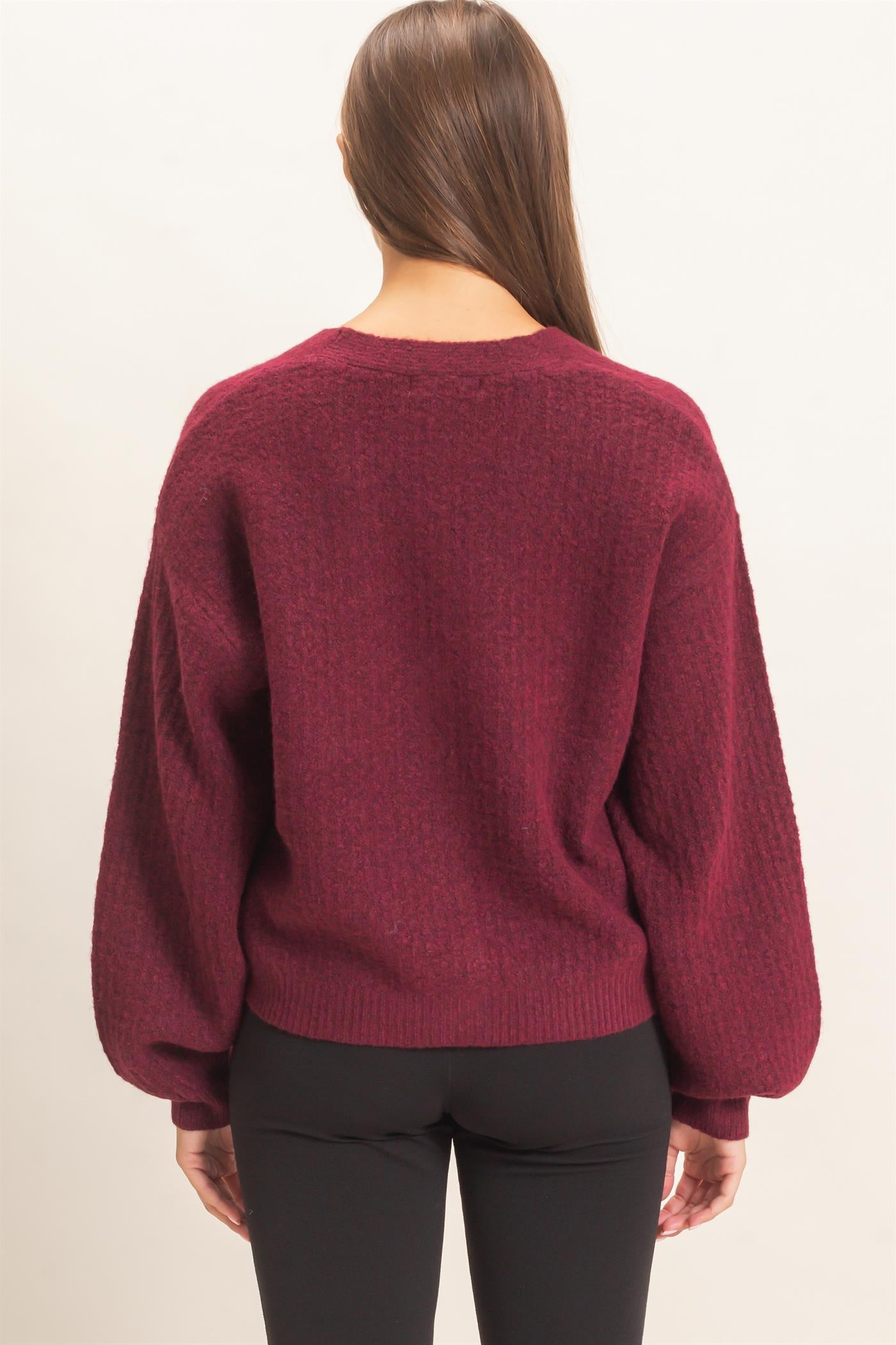 Wholesale Textured V-Neck Cardigan Cardigans DZ26E080 DARK CHERRY DOUBLE ZERO