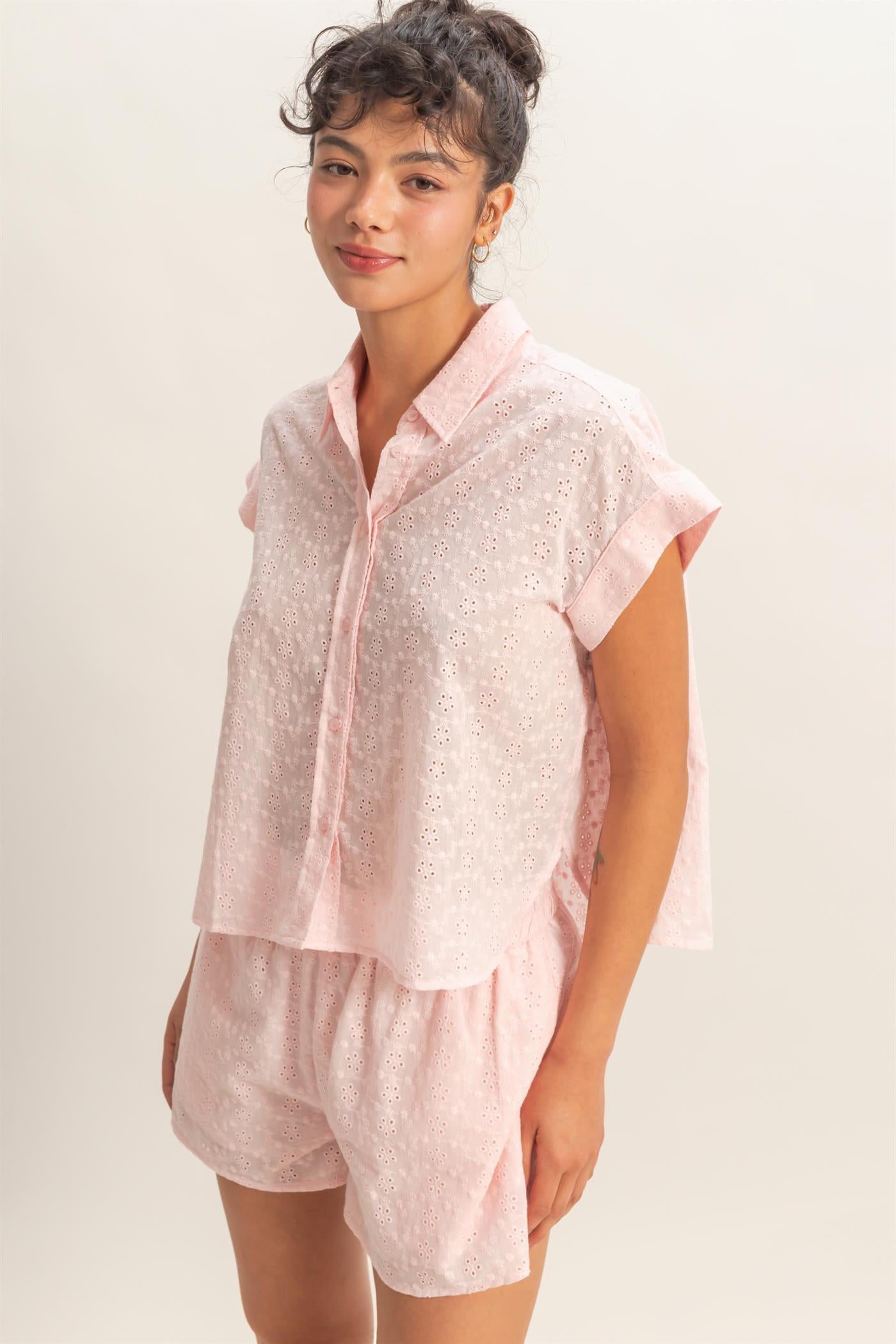 Wholesale Eyelet Dolman Short Sleeve Button Up Shirt Clothing Tops DZ26C088 SOFT PINK DOUBLE ZERO