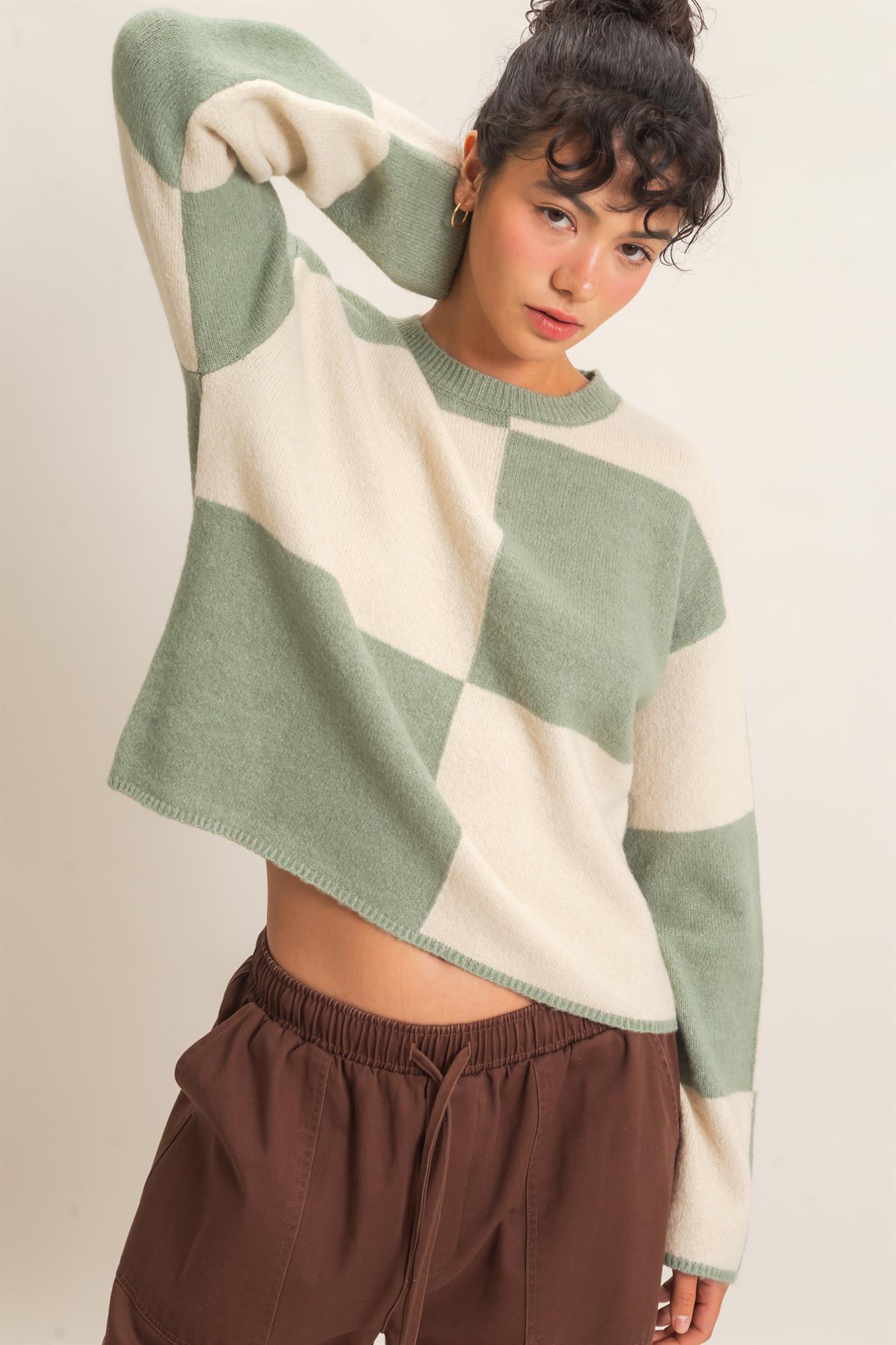Wholesale Crew Neck Checkered Sweater Sweaters DZ26C980 SAGE GREEN DOUBLE ZERO