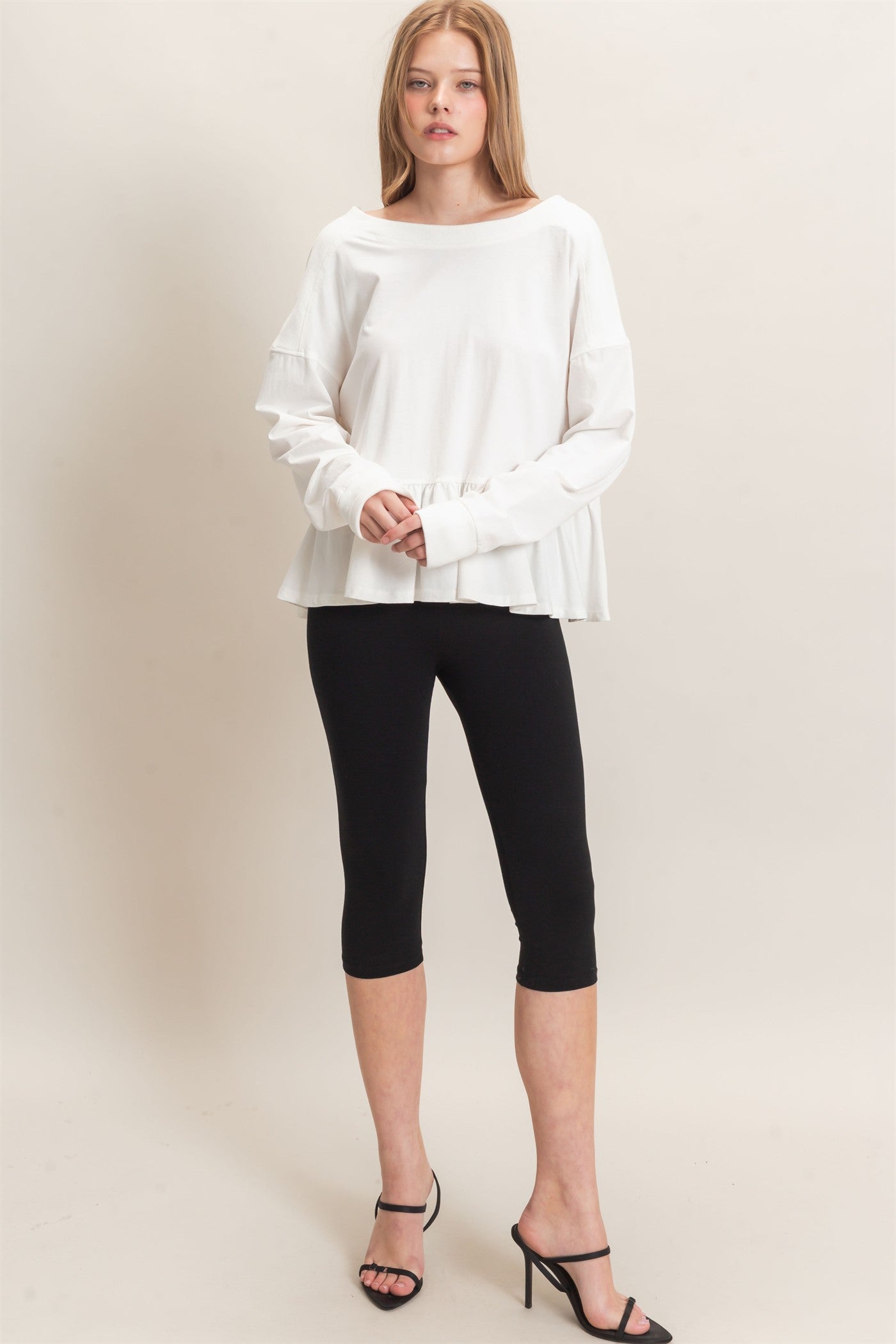 Wholesale Ruffled Hem Long Sleeve Top Clothing Tops HF26E065 OFF WHITE HYFVE