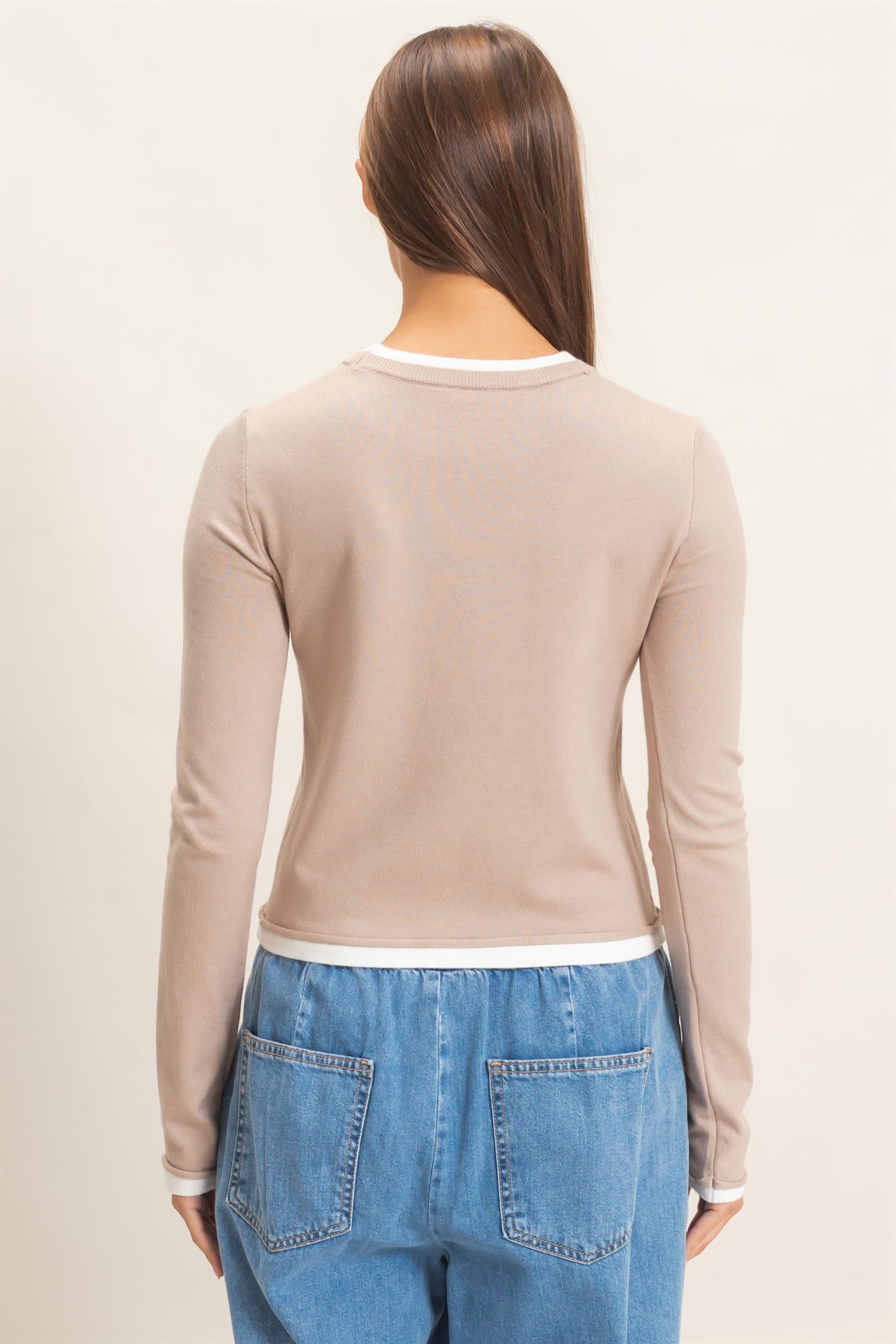 Wholesale Layer Effect Long Sleeve Knit Top Clothing Tops DZ26F394 TAUPE DOUBLE ZERO