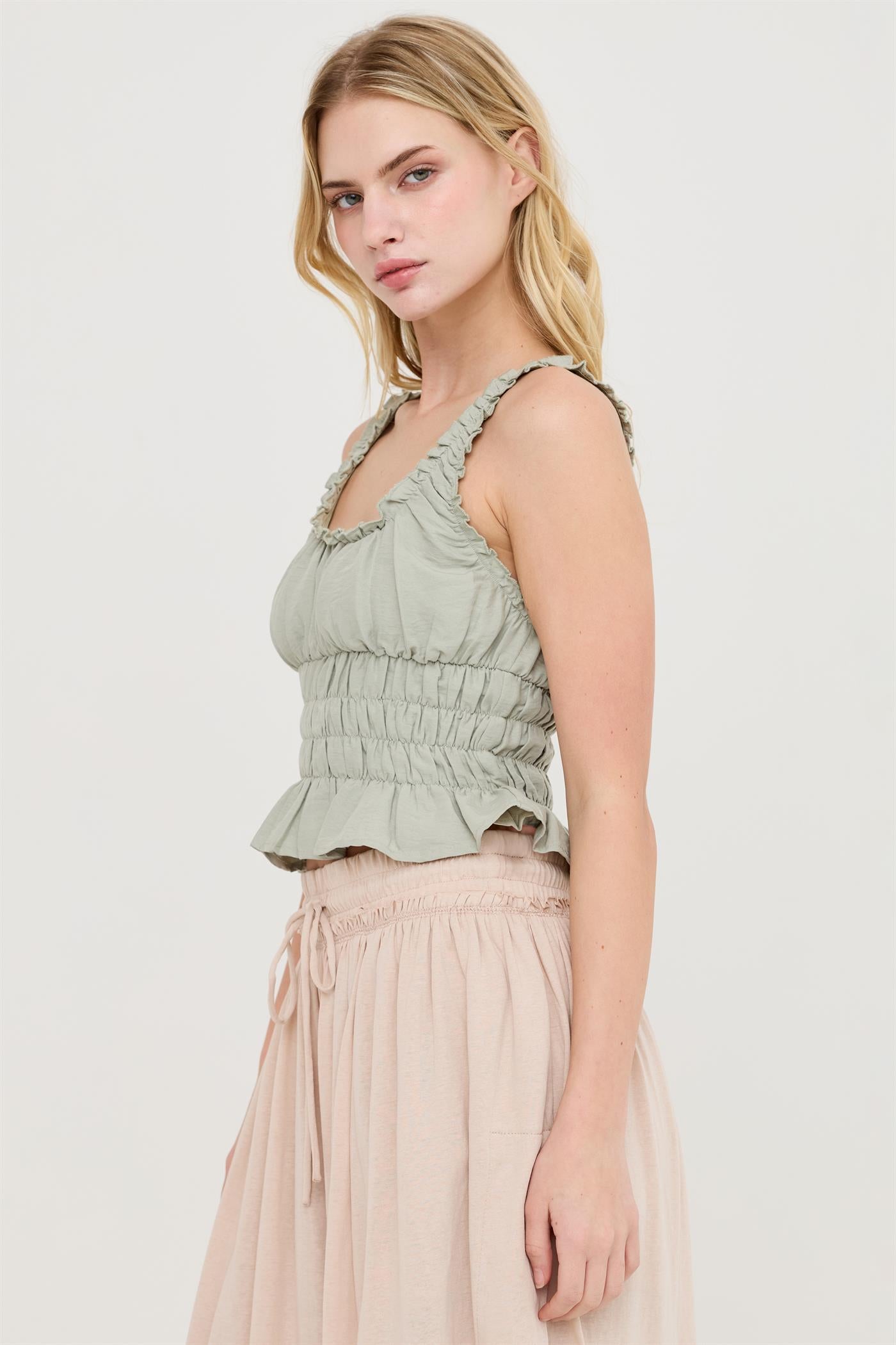 Wholesale Ruched Square Neck Smocked Top Clothing Tops HF26E388-D SAGE HYFVE