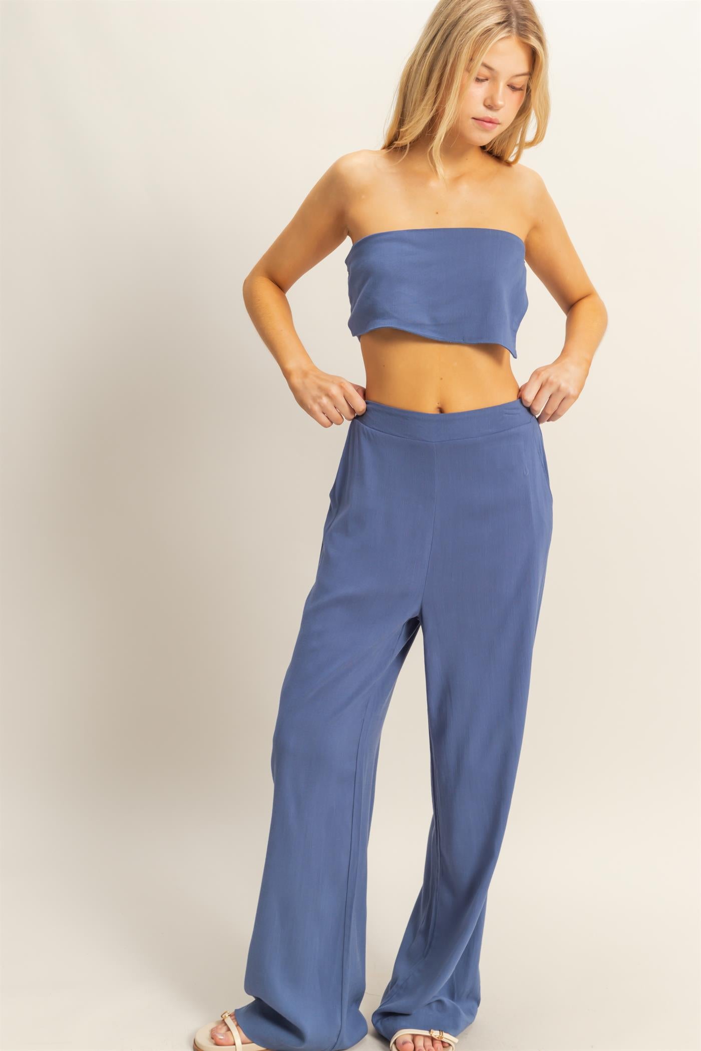 Wholesale Stretch Linen Top And Pants Set Clothing HF25E016-SET NAVY HYFVE