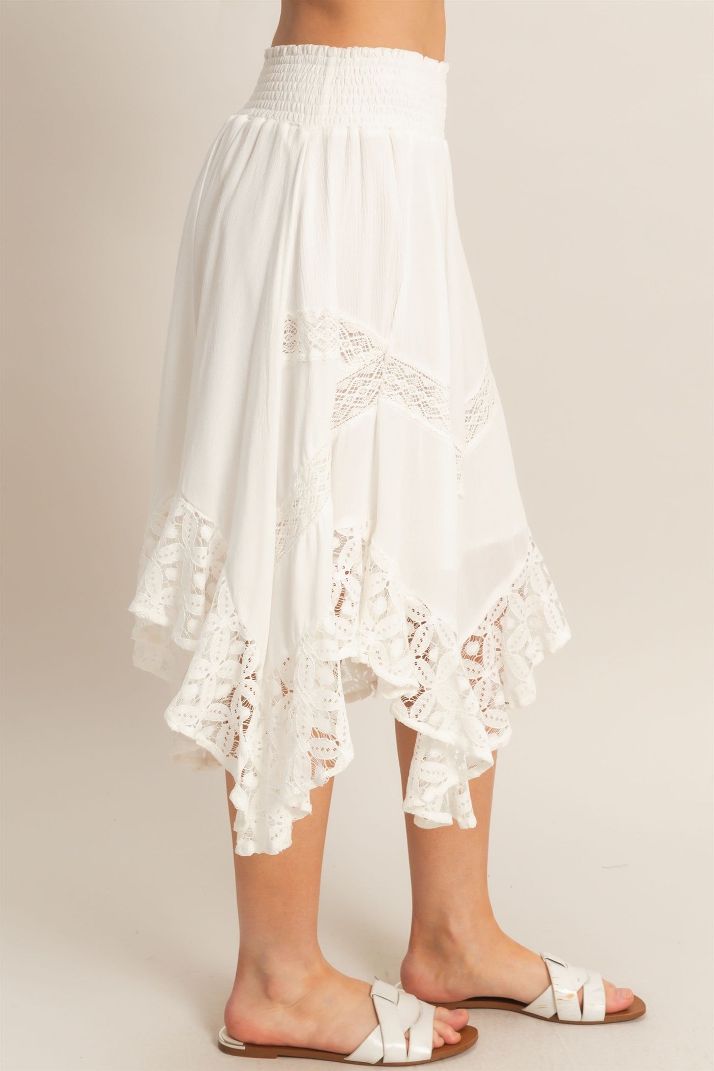 Wholesale Smocked Waist Lace Hem Skirt Skirts HF26A384 OFF WHITE HYFVE