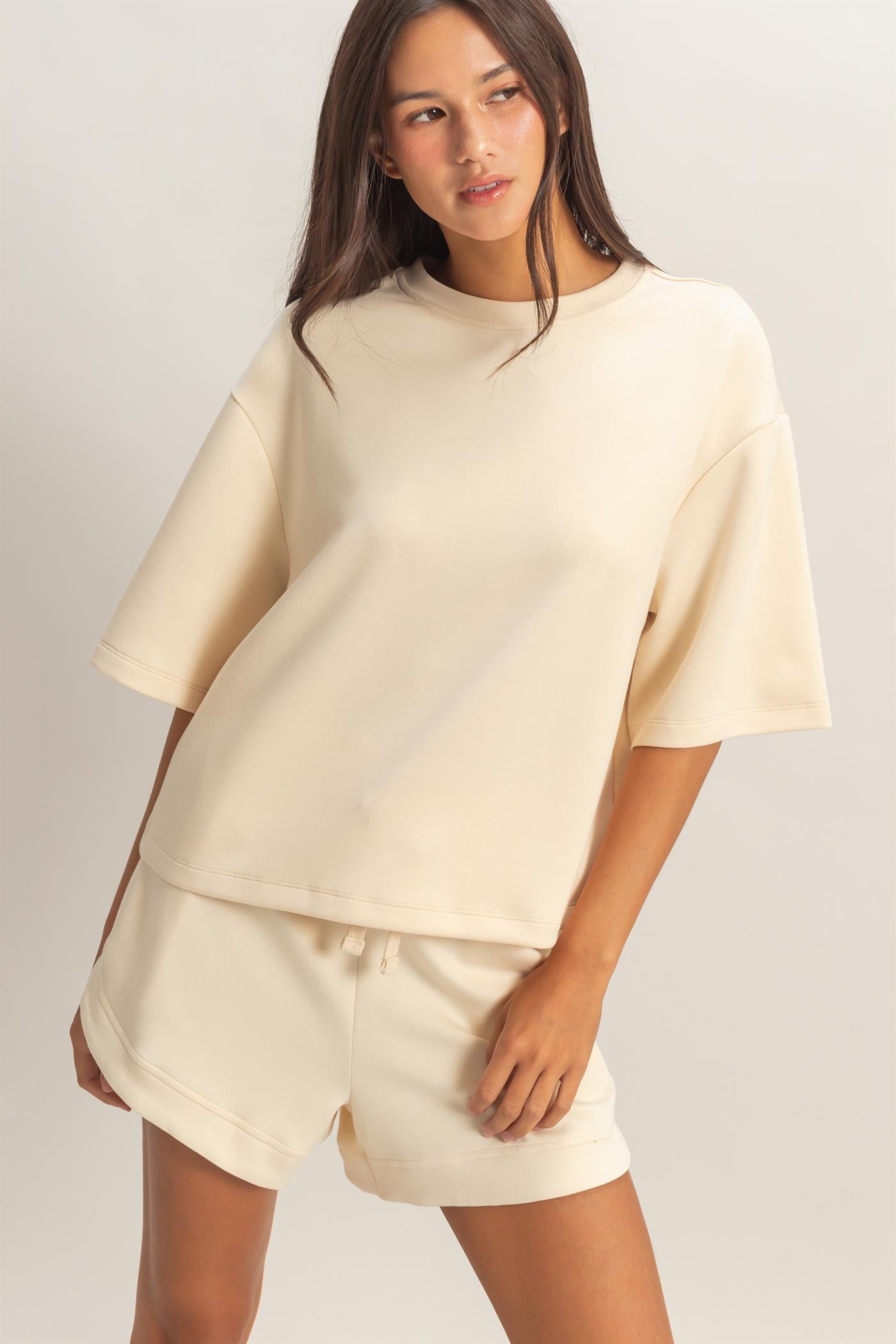 Wholesale Scuba Short Sleeve Boxy Top T-Shirts DZ26A271 ALPACA DOUBLE ZERO