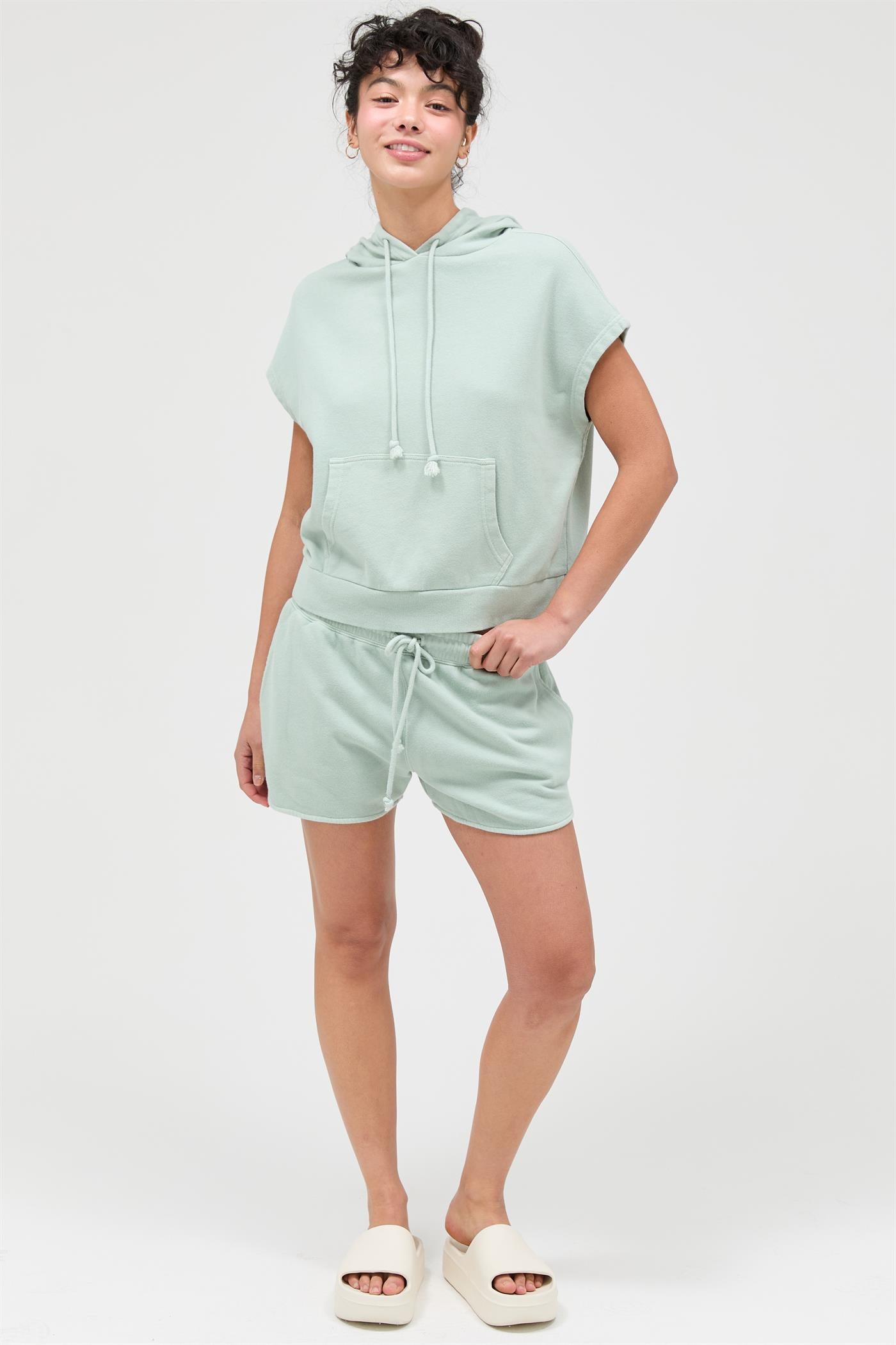 Wholesale Acid Washed Sleeveless Hooded Kangaroo Pocket Top Hoodies DZ26A411 SAGE GREEN DOUBLE ZERO