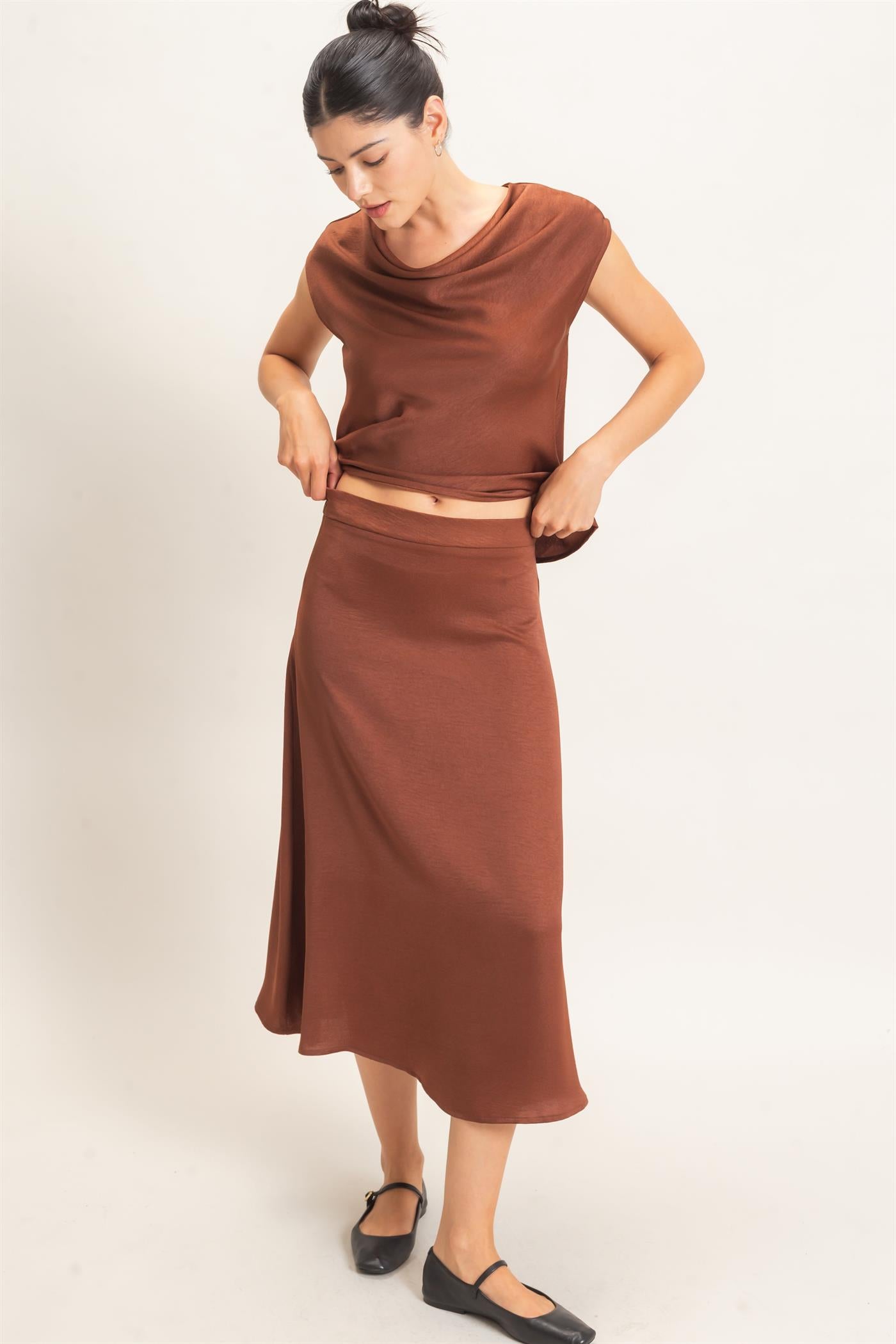 Wholesale Satin Cowl Neck Top And Skirt Set Clothing HF26C690-SET BROWN HYFVE