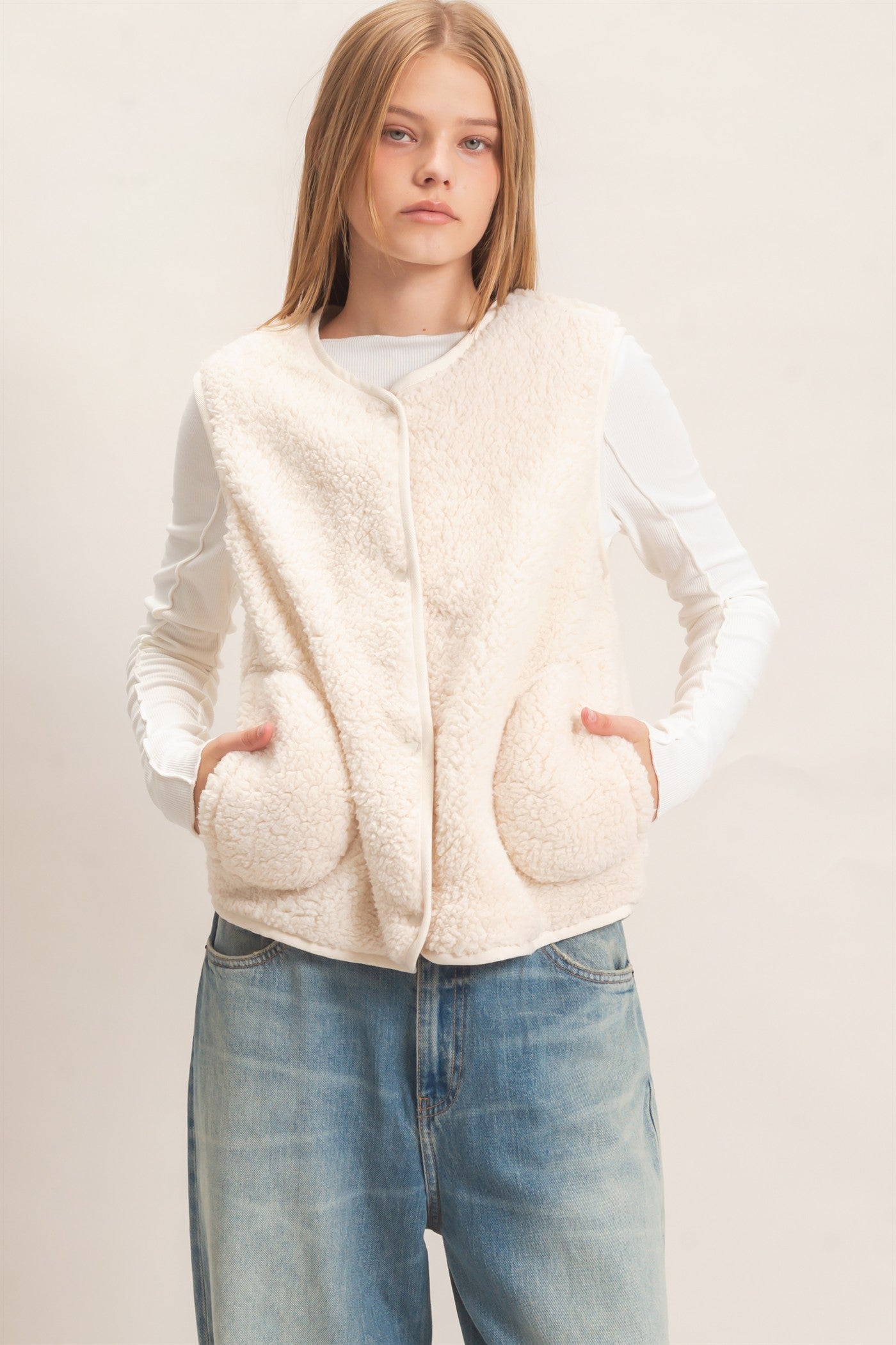 Wholesale Button Front Sherpa Vest With Patch Pockets Vests HF27A010 CREAM HYFVE