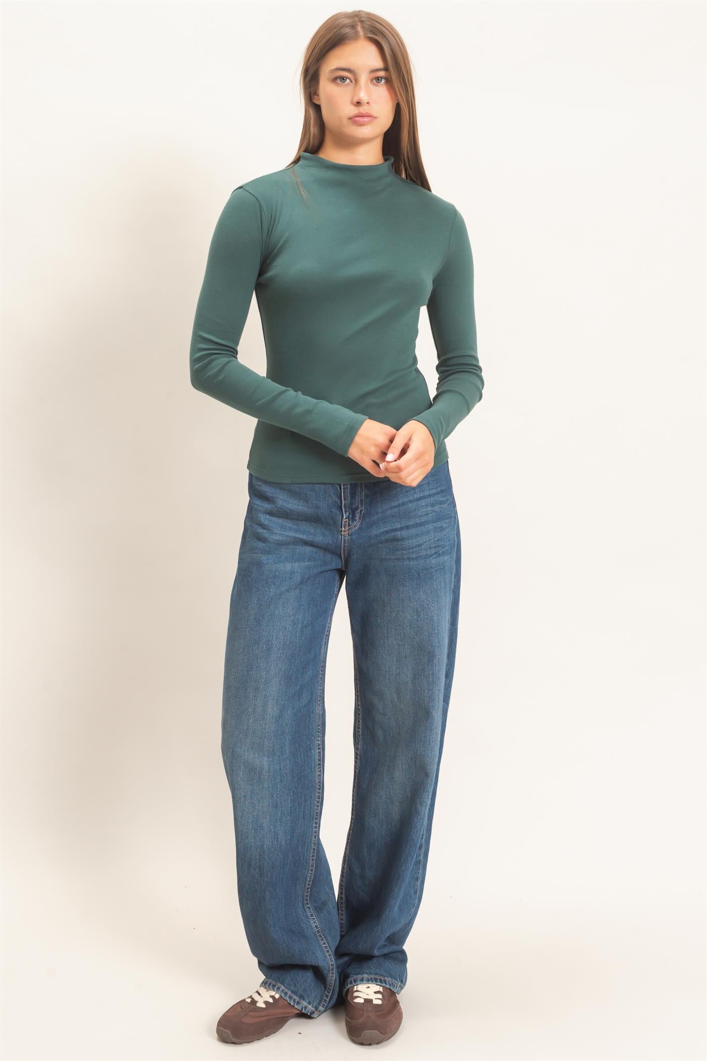 Wholesale Mock Neck Long Sleeve Top Clothing Tops DZ26F281 DARK GREEN DOUBLE ZERO