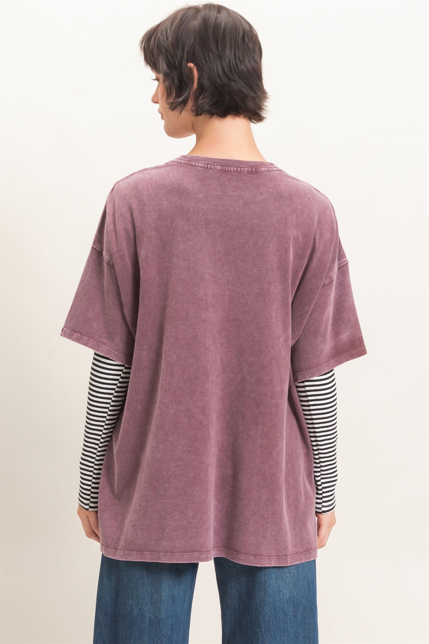 Wholesale Mineral Wash Oversized Crew Neck T-Shirts Clothing Tops DZ26C961 DARK CHERRY DOUBLE ZERO