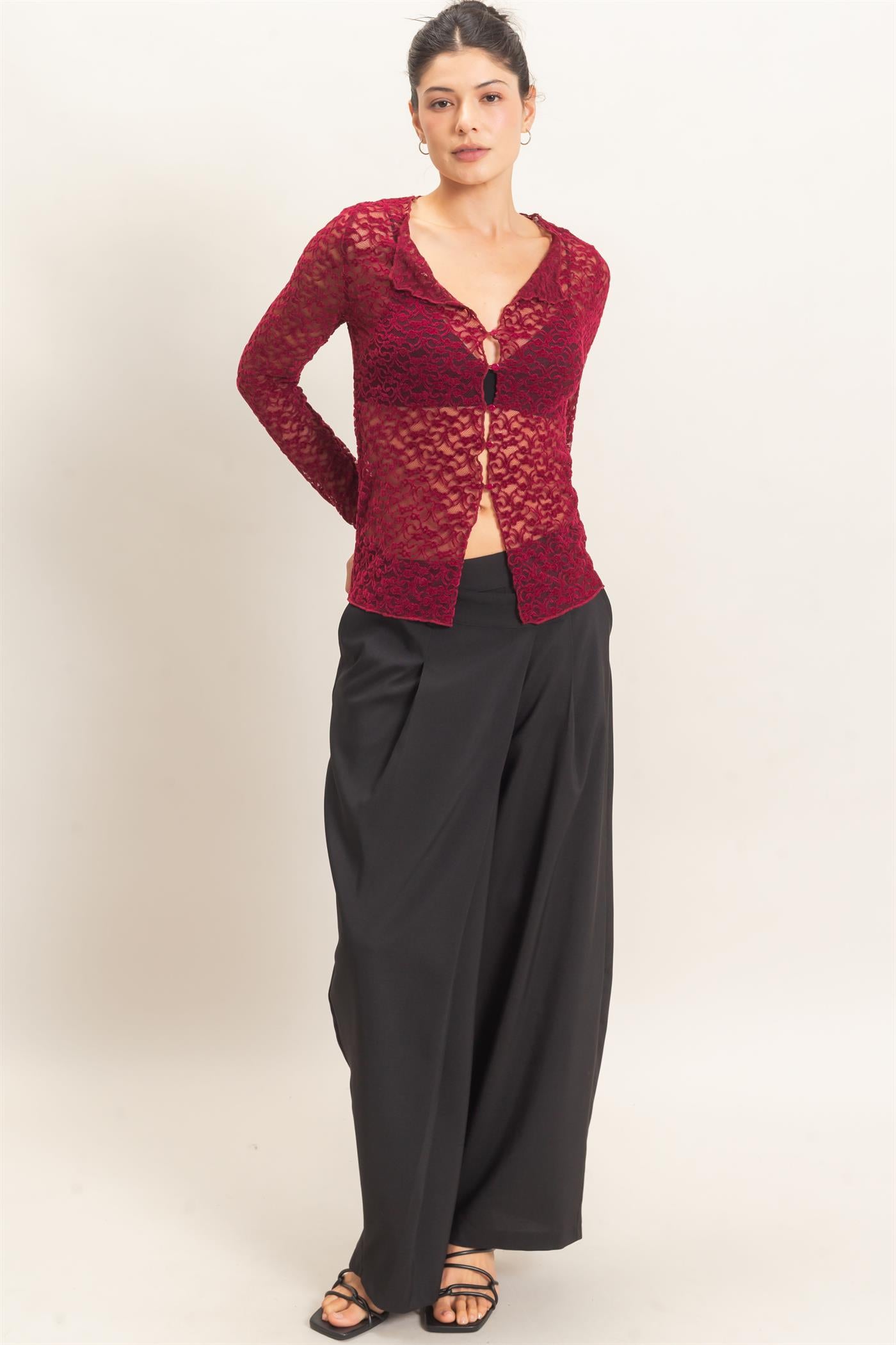 Wholesale Flocked Lace Long Sleeve Cardigan Clothing Tops HF26E415 BURGUNDY HYFVE