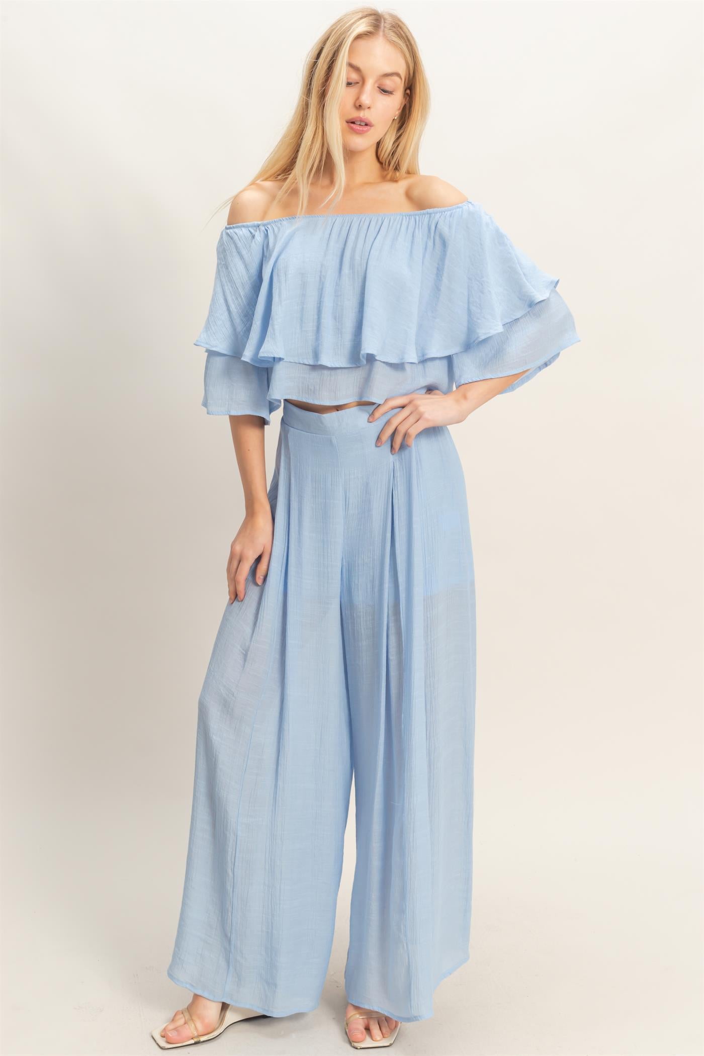 Wholesale Off Shoulder Top & Pleated Pant Set Clothing HF26C291-SET-D POWDER BLUE HYFVE