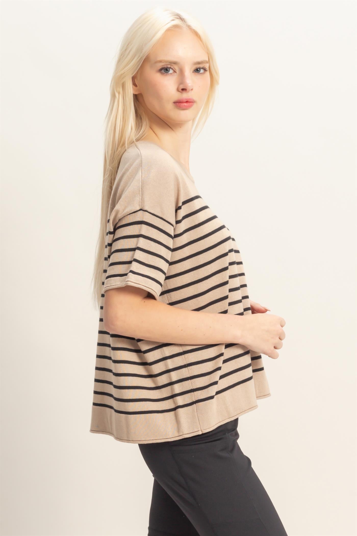 Wholesale Striped Short Sleeve Knit Top Clothing Tops DZ26A838 DARK TAUPE DOUBLE ZERO
