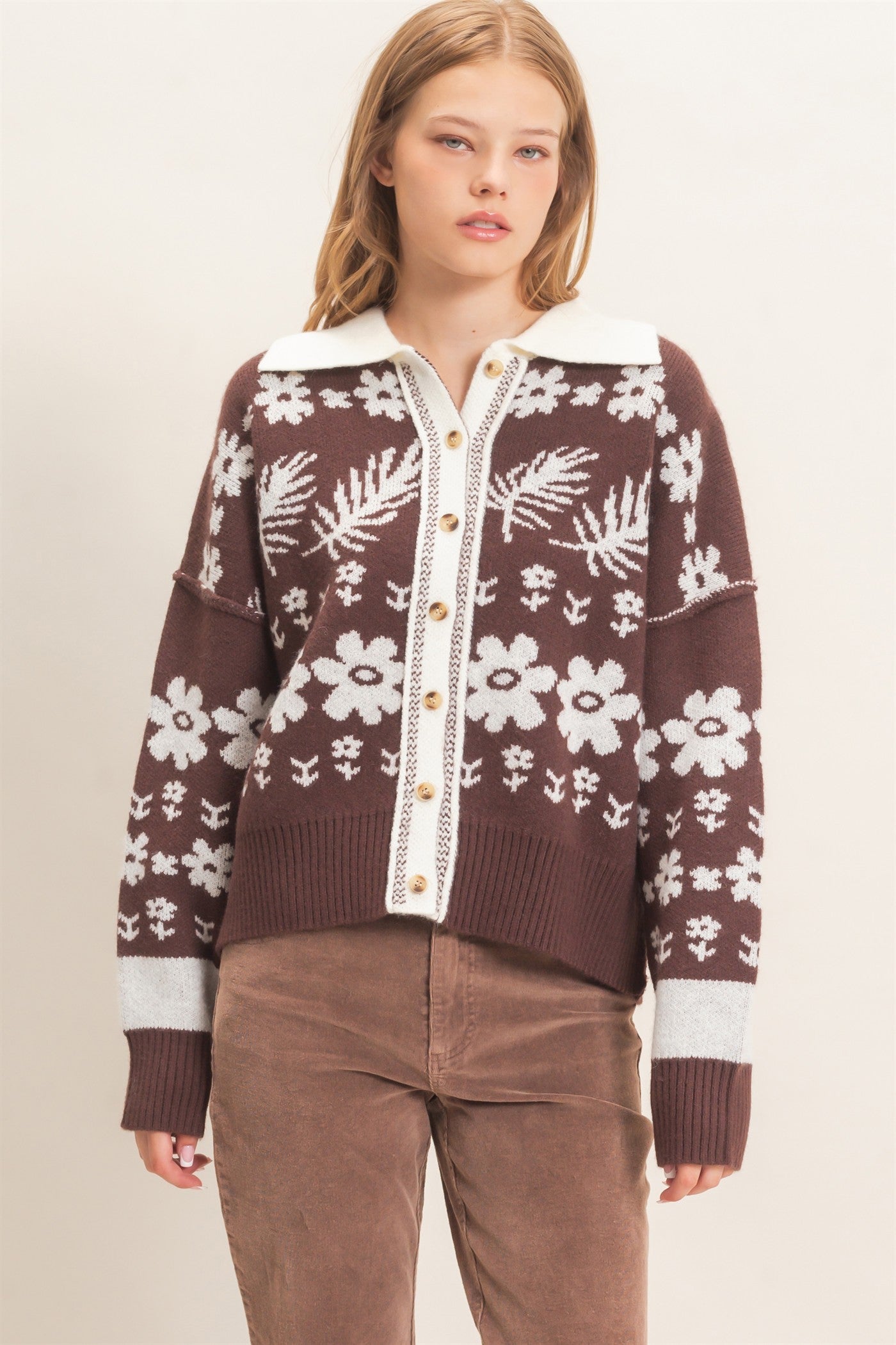 Wholesale Floral Jacquard Collared Cardigan Cardigans HF26E885 BROWN HYFVE