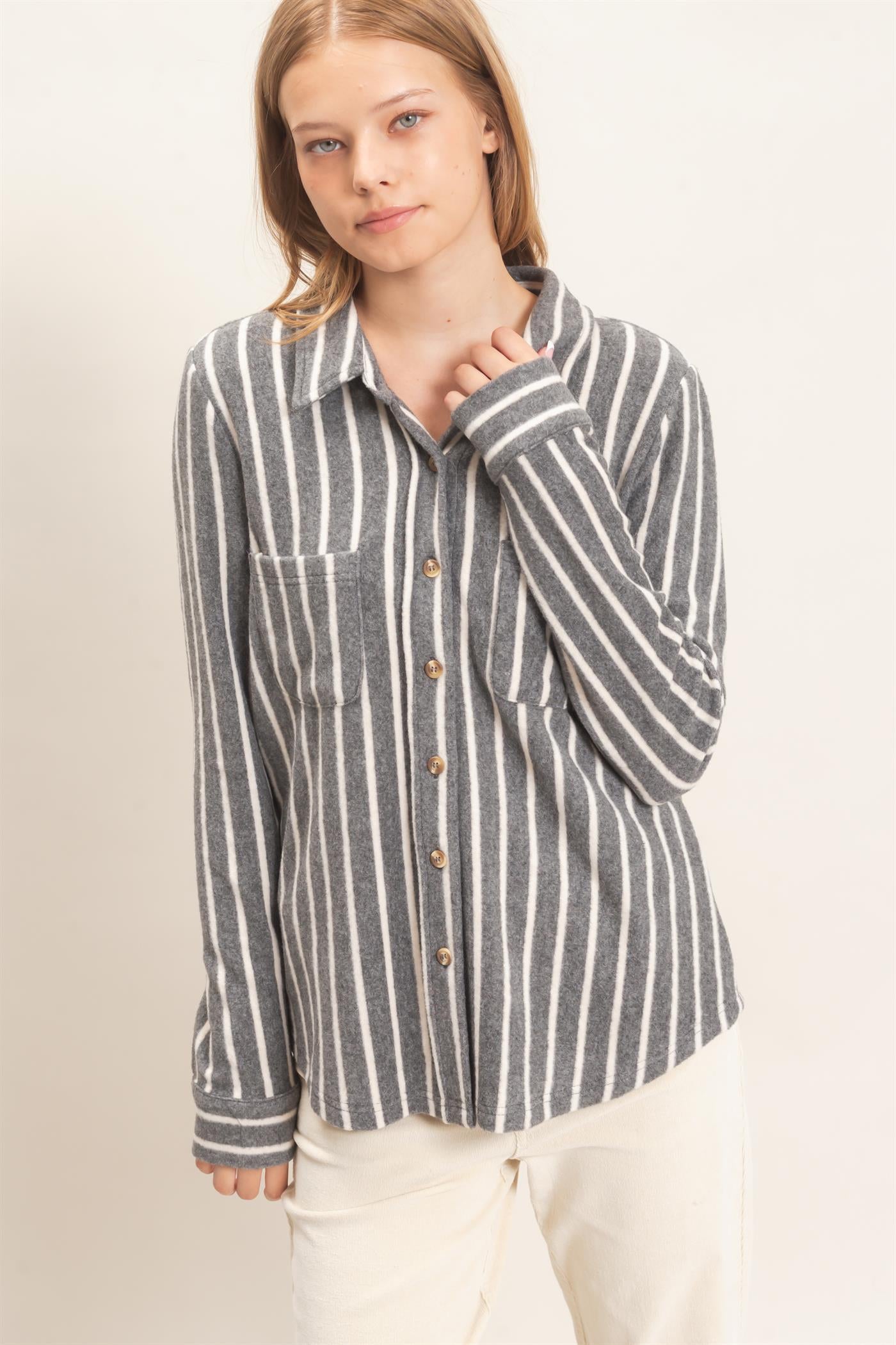 Wholesale Striped Button-Up Knit Shirt Clothing Tops HF26E189 GRAY HYFVE