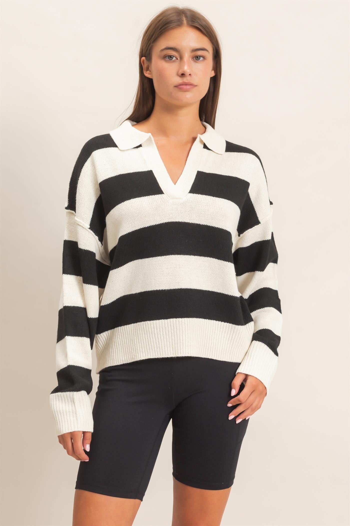 Wholesale Rugby Stripe Polo Sweater Sweaters DZ26E297 CREAM DOUBLE ZERO