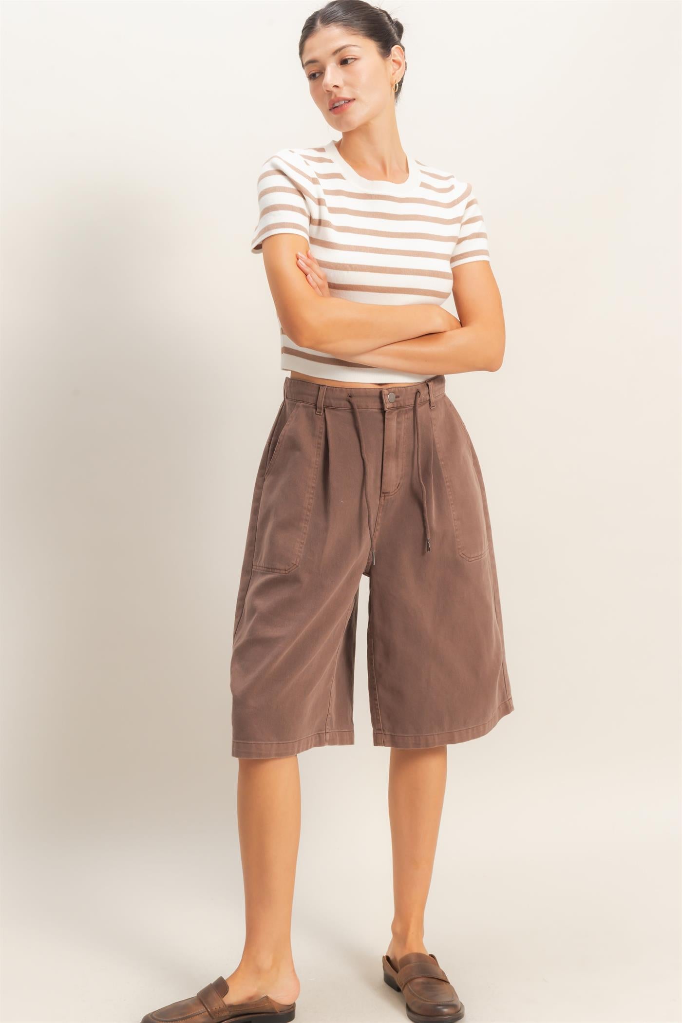 Wholesale Drawstring Waist Wide Leg Jorts Shorts DZ26F283 CHOCOLATE DOUBLE ZERO