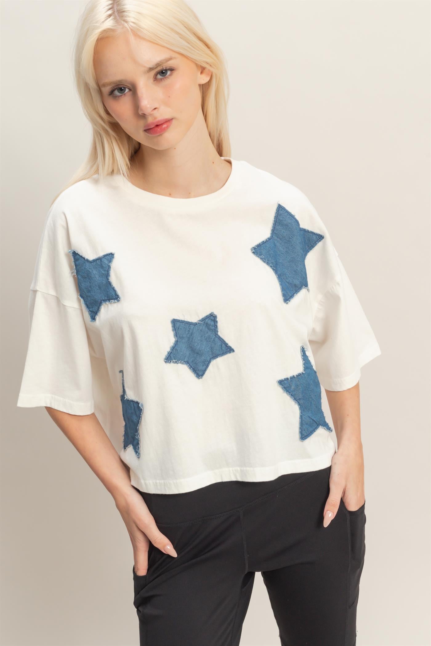 Wholesale Raw Edge Star Patch Top Clothing Tops DZ26C616 WHITE DOUBLE ZERO