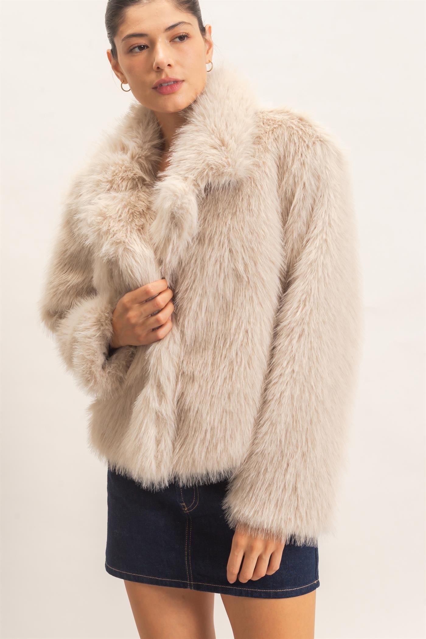 Wholesale Shawl Collar Faux Fur Jacket Outerwear HF26F207-D TAUPE HYFVE
